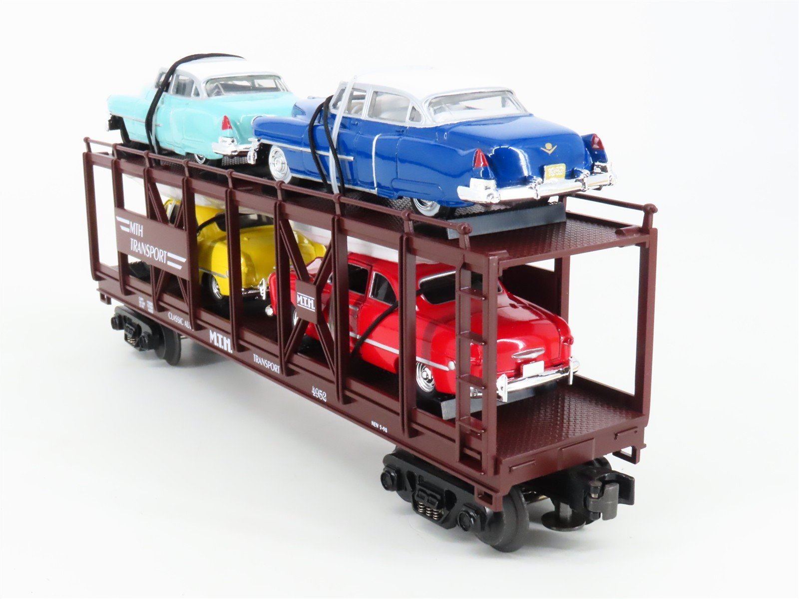O Gauge 3-Rail MTH 30-7628 MTH Auto Carrier #4952 w/ERTL Cadillac & Ford Cars