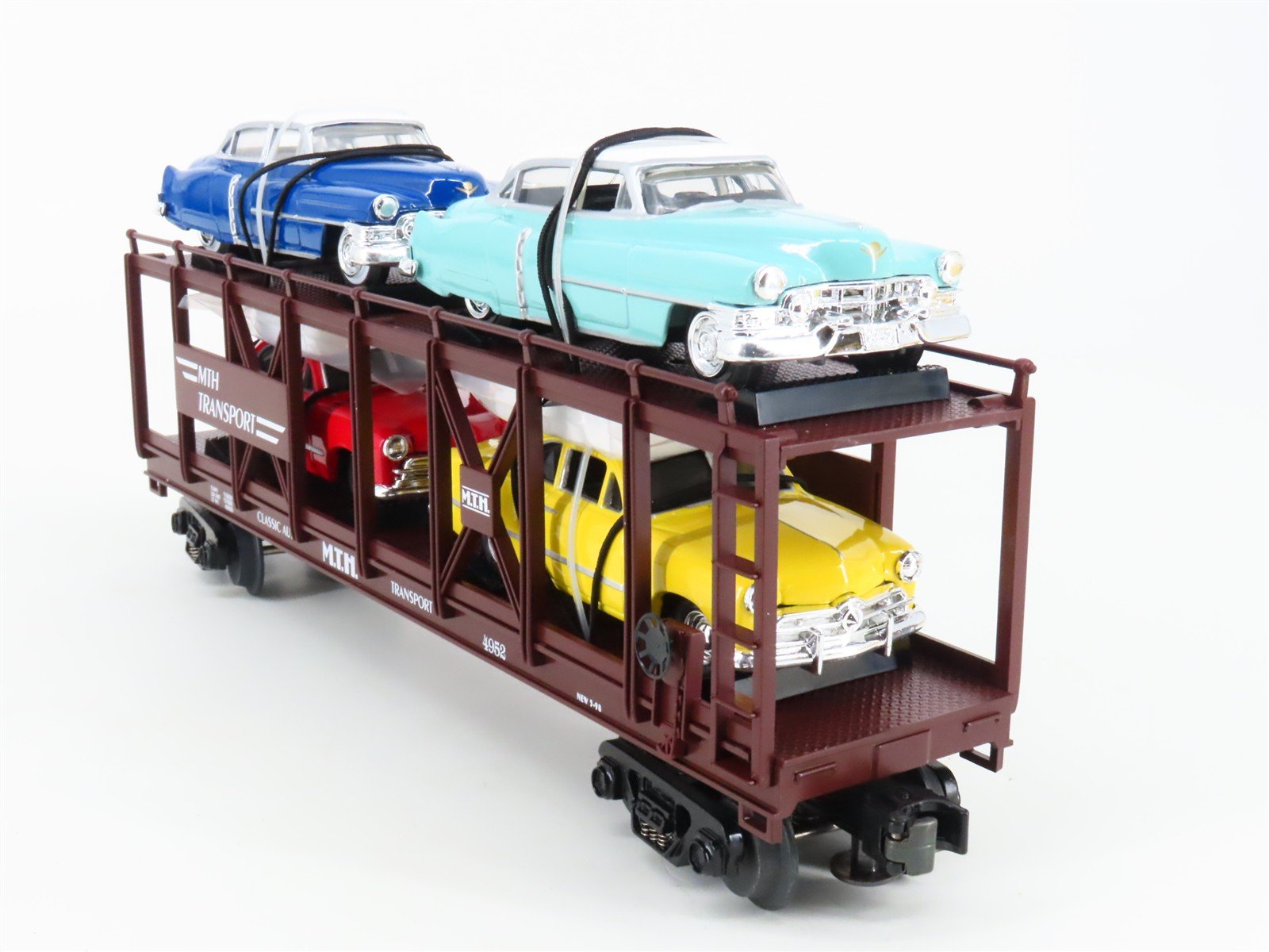 O Gauge 3-Rail MTH 30-7628 MTH Auto Carrier #4952 w/ERTL Cadillac & Ford Cars