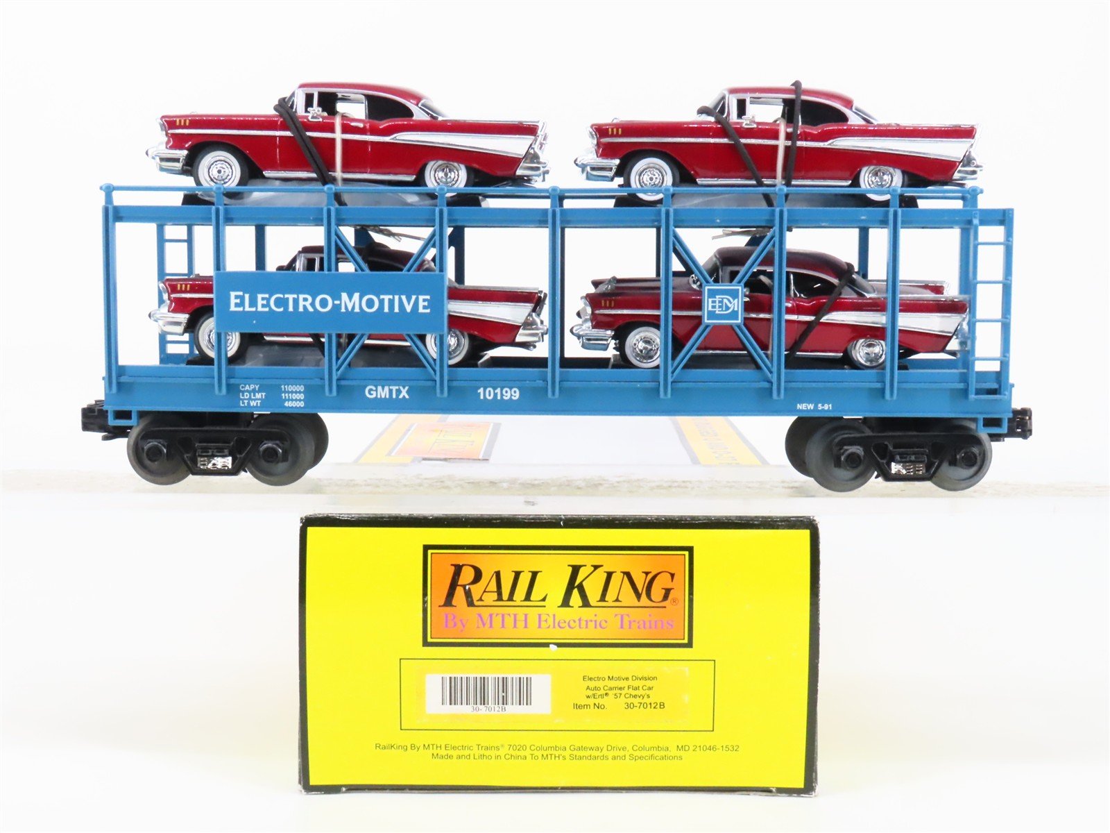 O Gauge 3-Rail MTH 30-7012B EMD/GMTX Auto Carrier #10199 w/ERTL 57' Chevy's