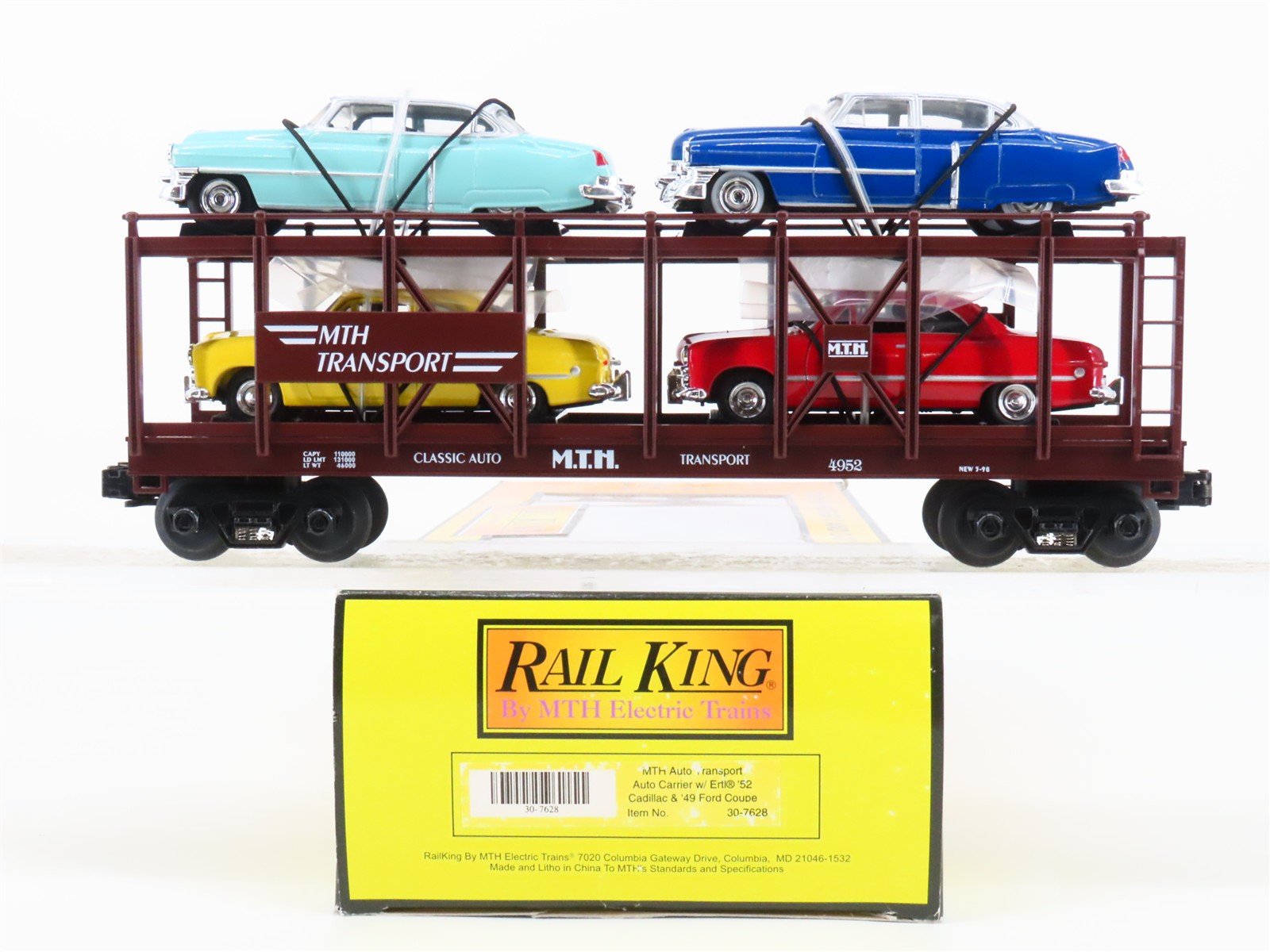 O Gauge 3-Rail MTH 30-7628 MTH Auto Carrier #4952 w/ERTL Cadillac & Ford Cars