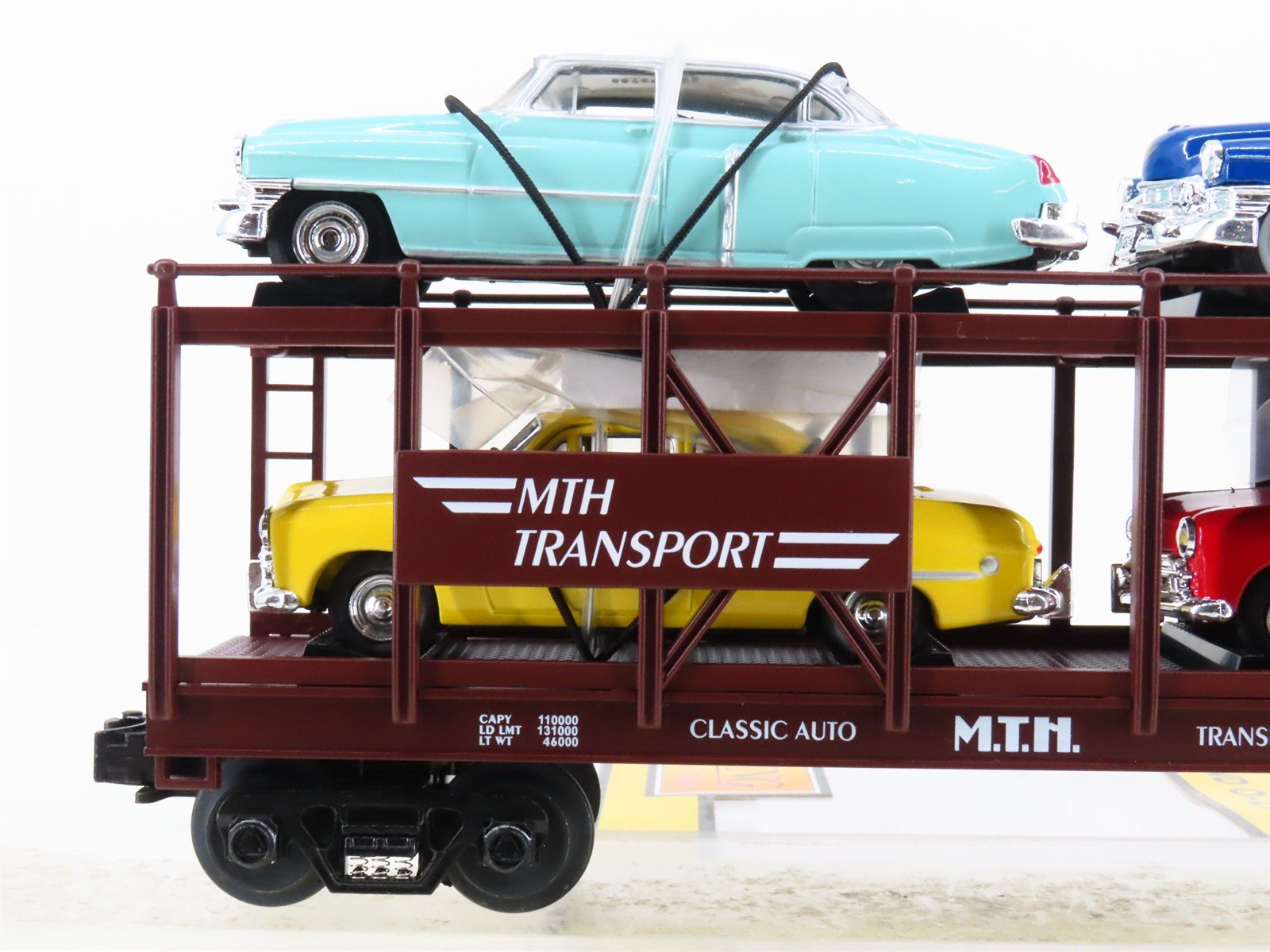 O Gauge 3-Rail MTH 30-7628 MTH Auto Carrier #4952 w/ERTL Cadillac & Ford Cars