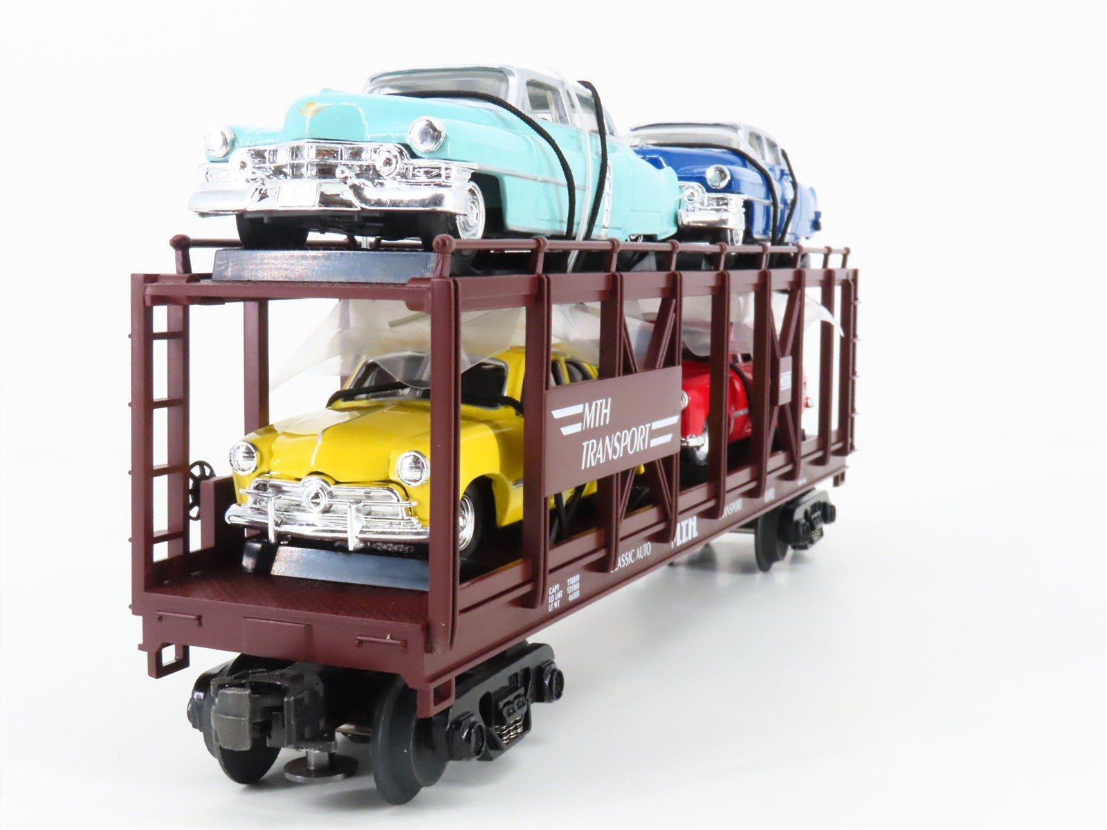 O Gauge 3-Rail MTH 30-7628 MTH Auto Carrier #4952 w/ERTL Cadillac & Ford Cars