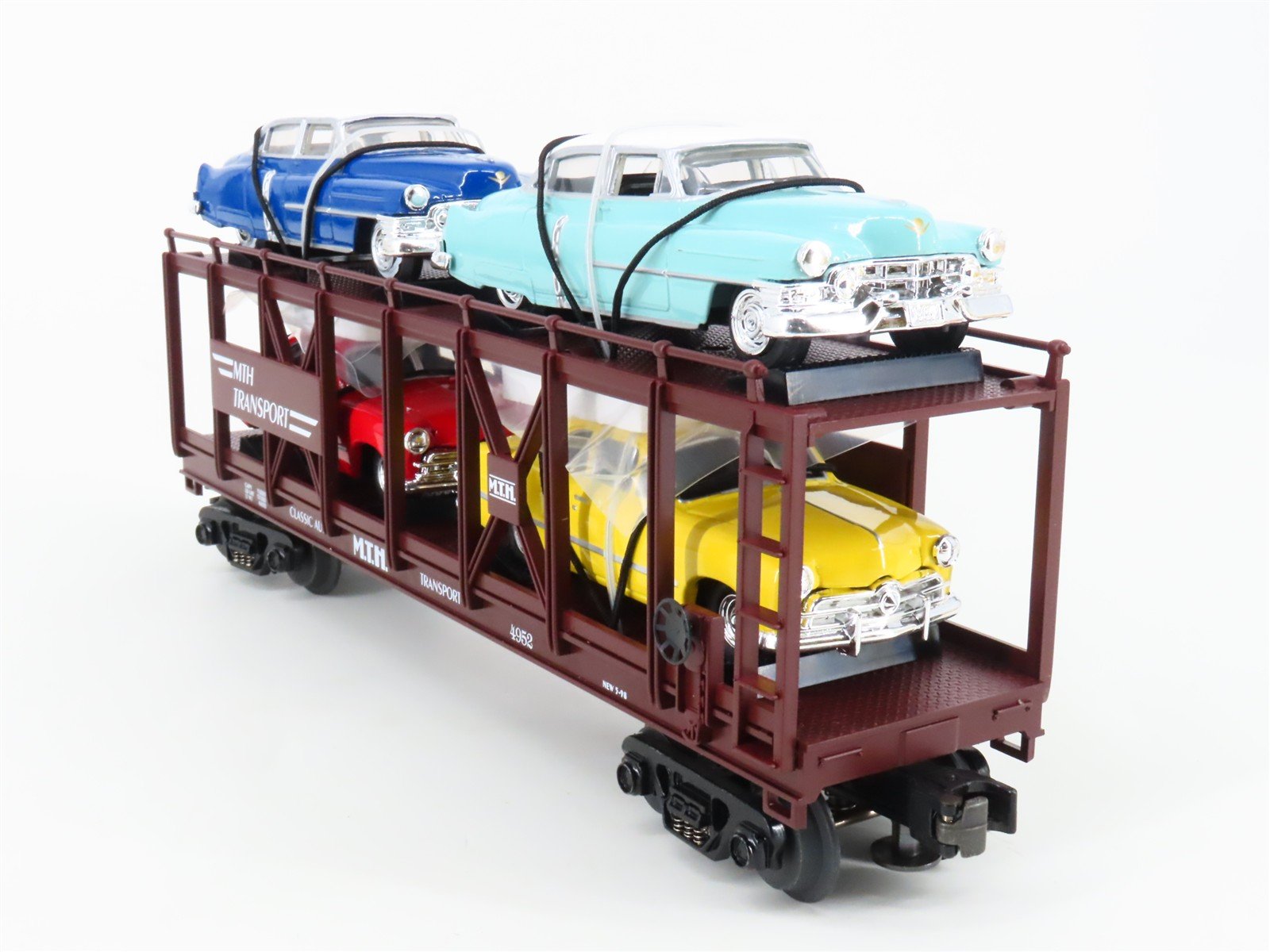 O Gauge 3-Rail MTH 30-7628 MTH Auto Carrier #4952 w/ERTL Cadillac & Ford Cars
