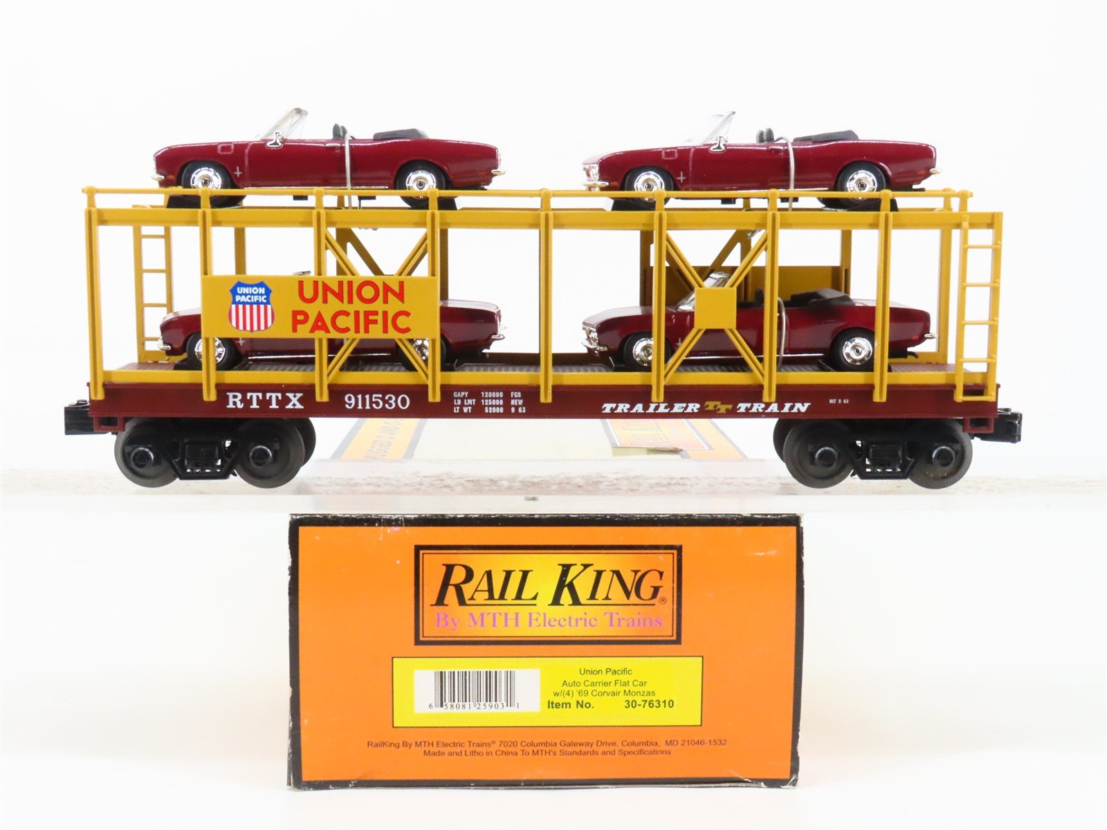 O Gauge 3-Rail MTH 30-76310 UP Auto Carrier #911530 w/ERTL Corvair Monzas Cars