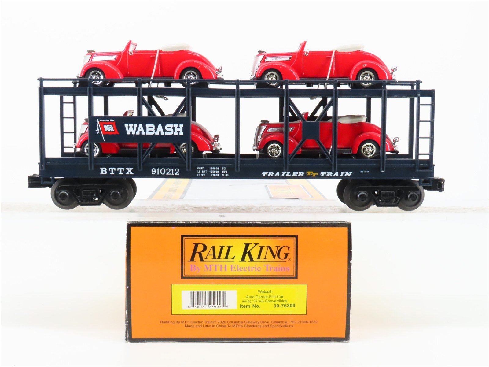 O 3-Rail MTH 30-76309 WAB Auto Carrier #910212 w/ERTL 37' V8 Convertible Cars