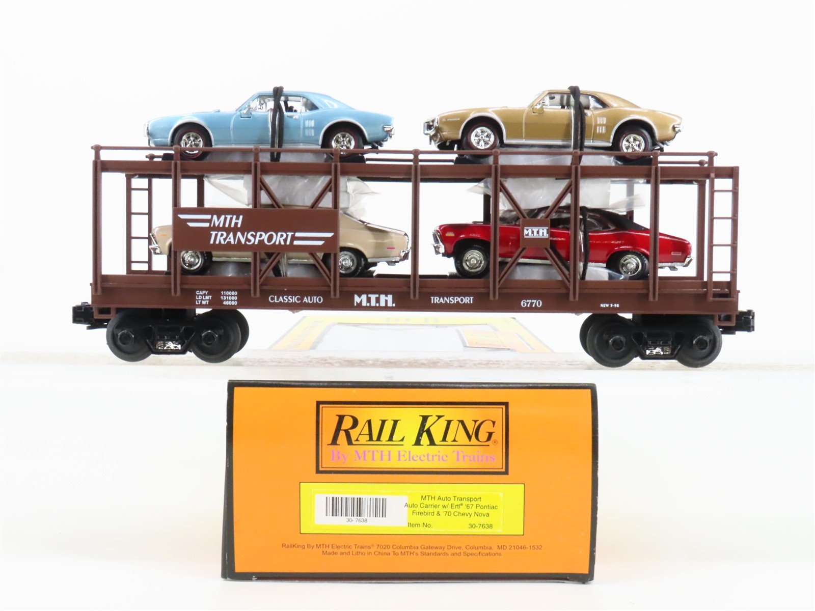 O Gauge 3-Rail MTH 30-7638 MTH Transport Auto Carrier #6770 w/ERTL Chevy Novas