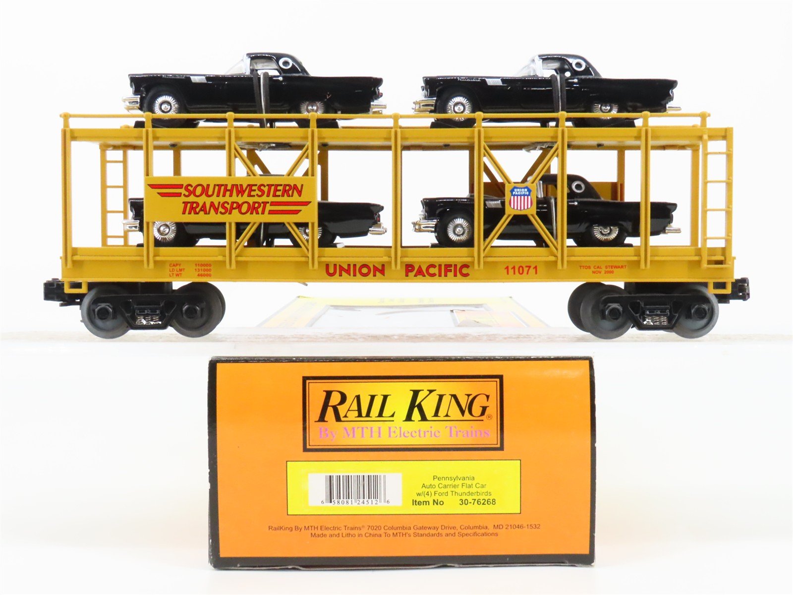 O Gauge 3-Rail MTH 30-76268 UP Auto Carrier #11071 w/ERTL Ford Thunderbird Cars