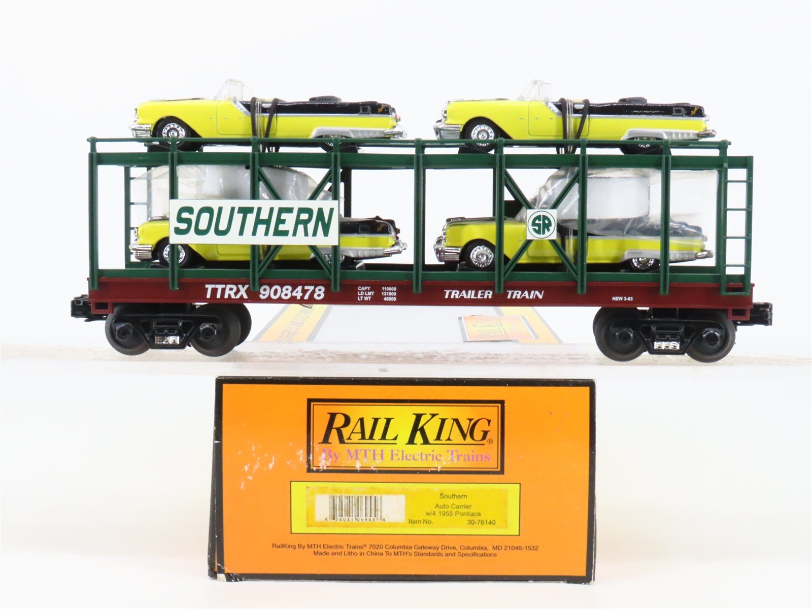 O 3-Rail MTH 30-76140 Southern Auto Carrier #908478 w/1955 Pontiacs Cars