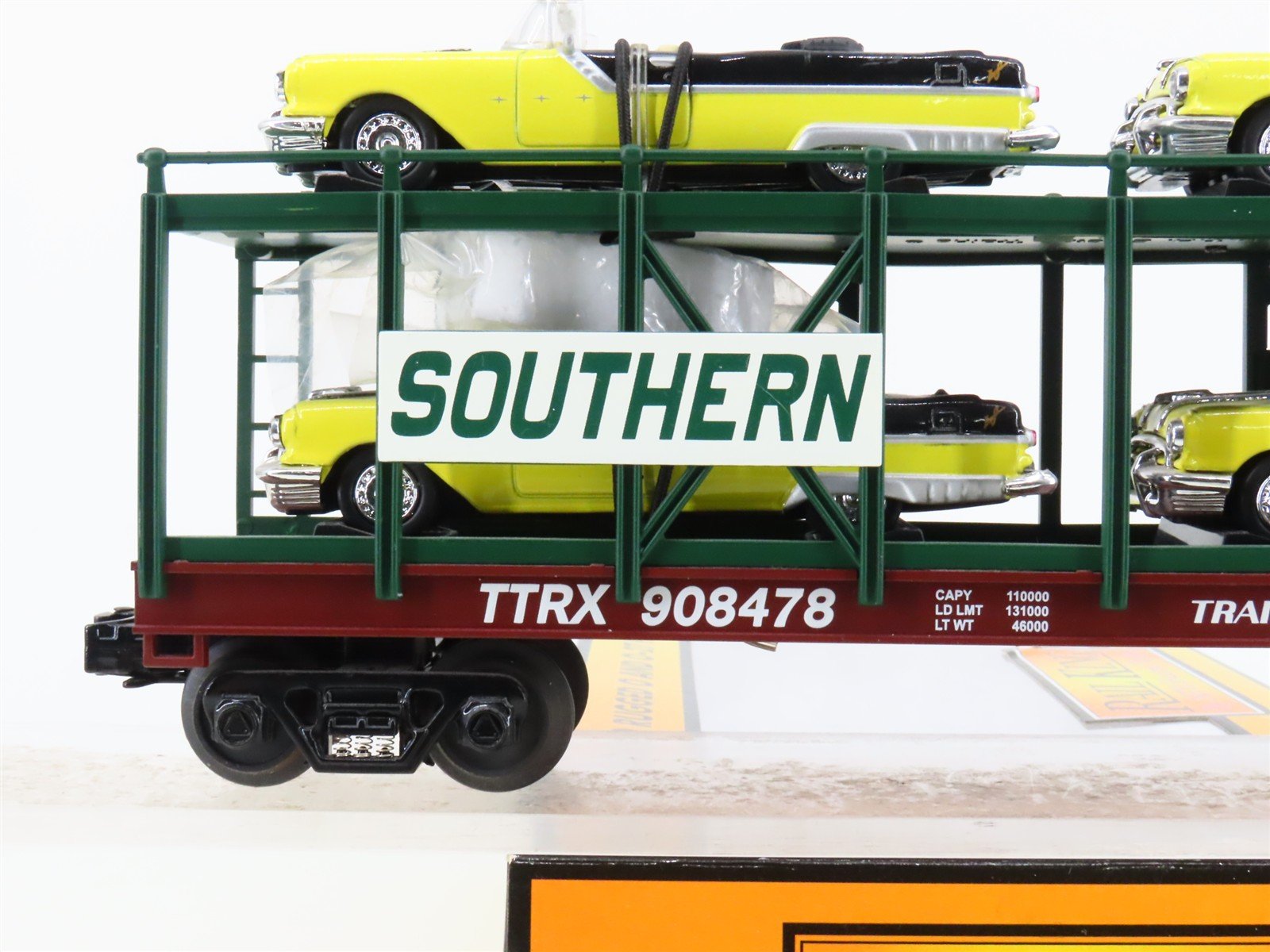 O 3-Rail MTH 30-76140 Southern Auto Carrier #908478 w/1955 Pontiacs Cars