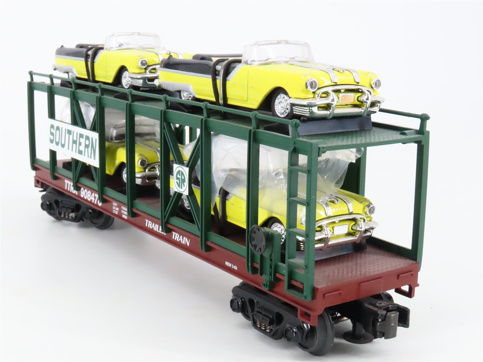 O 3-Rail MTH 30-76140 Southern Auto Carrier #908478 w/1955 Pontiacs Cars