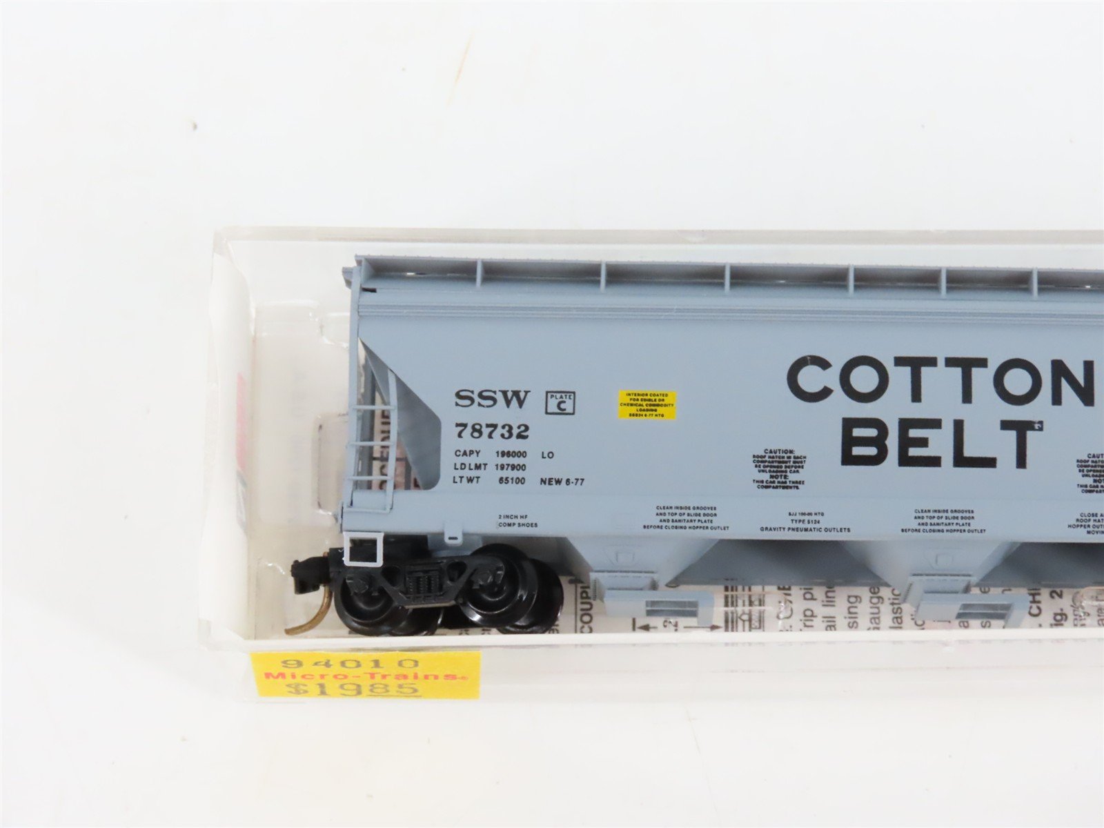 N Scale Micro-Trains MTL 94010 SSW Cotton Belt 3-Bay Covered Hopper #78732