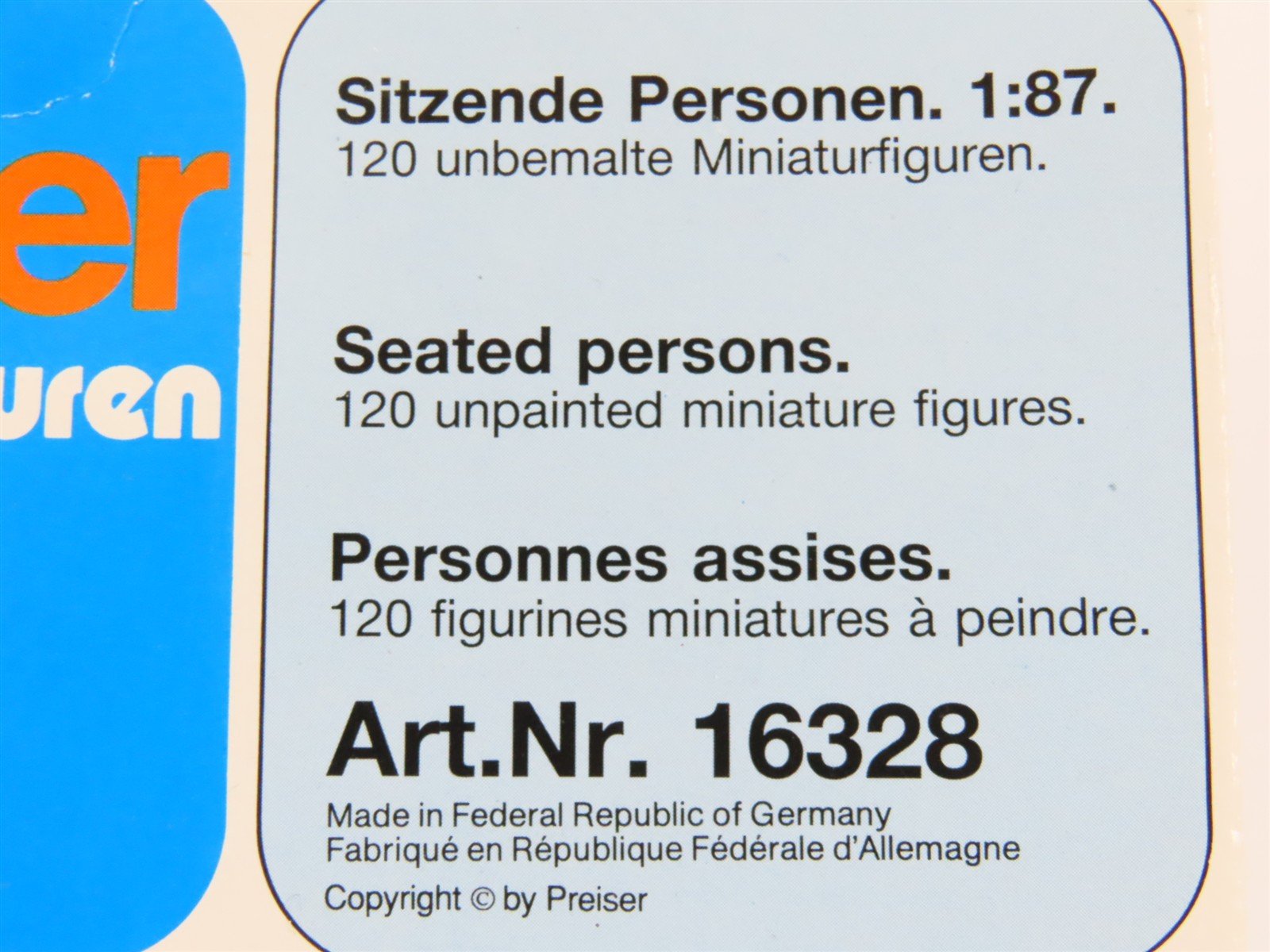 HO 1/87 Scale Preiser 16328 Unpainted Seated Persons Figures 120-Pack