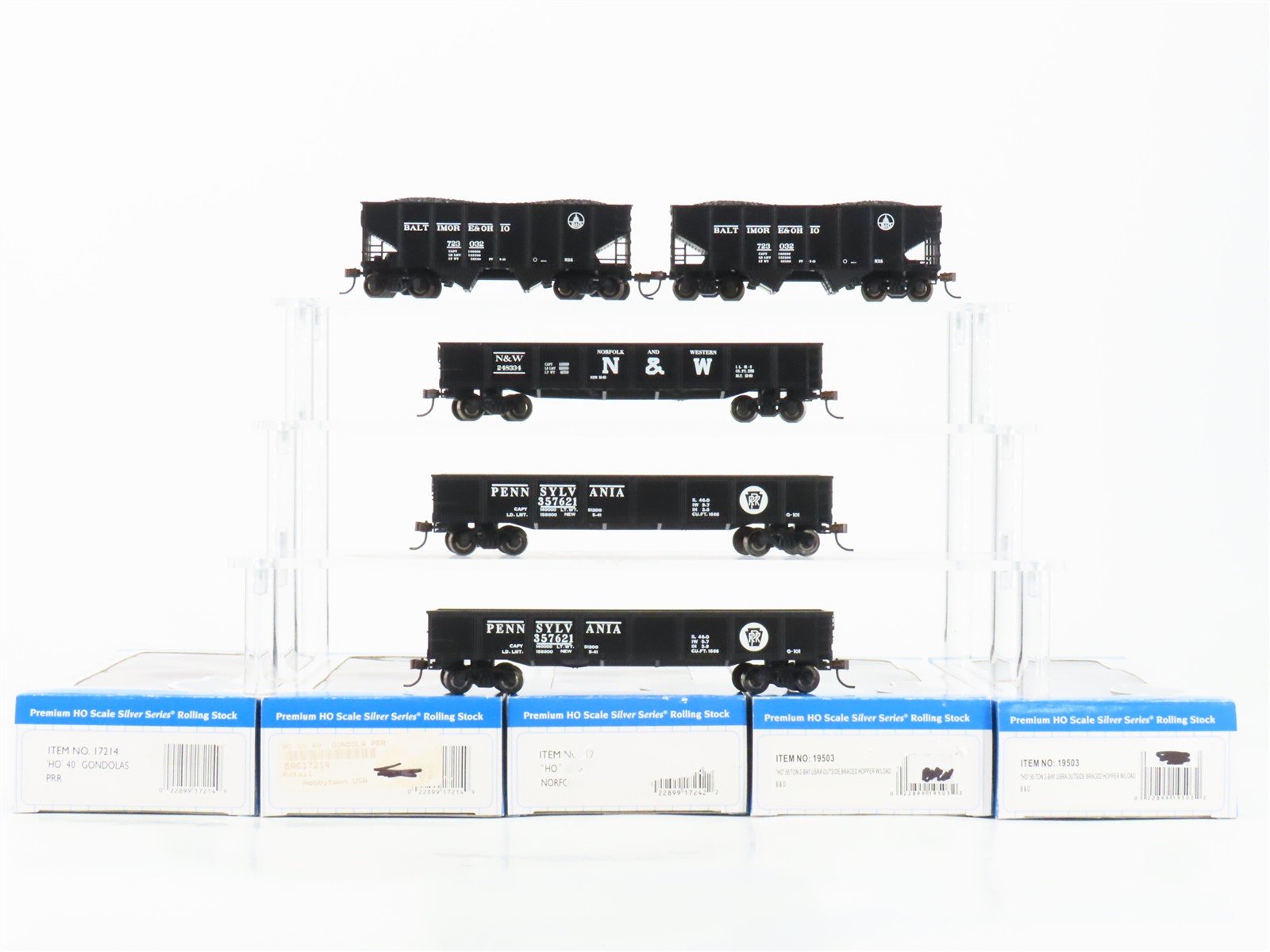LOT of 5 HO Scale Bachmann Silver Series B&O/PRR/N&W 2-Bay Hoppers & Gondolas