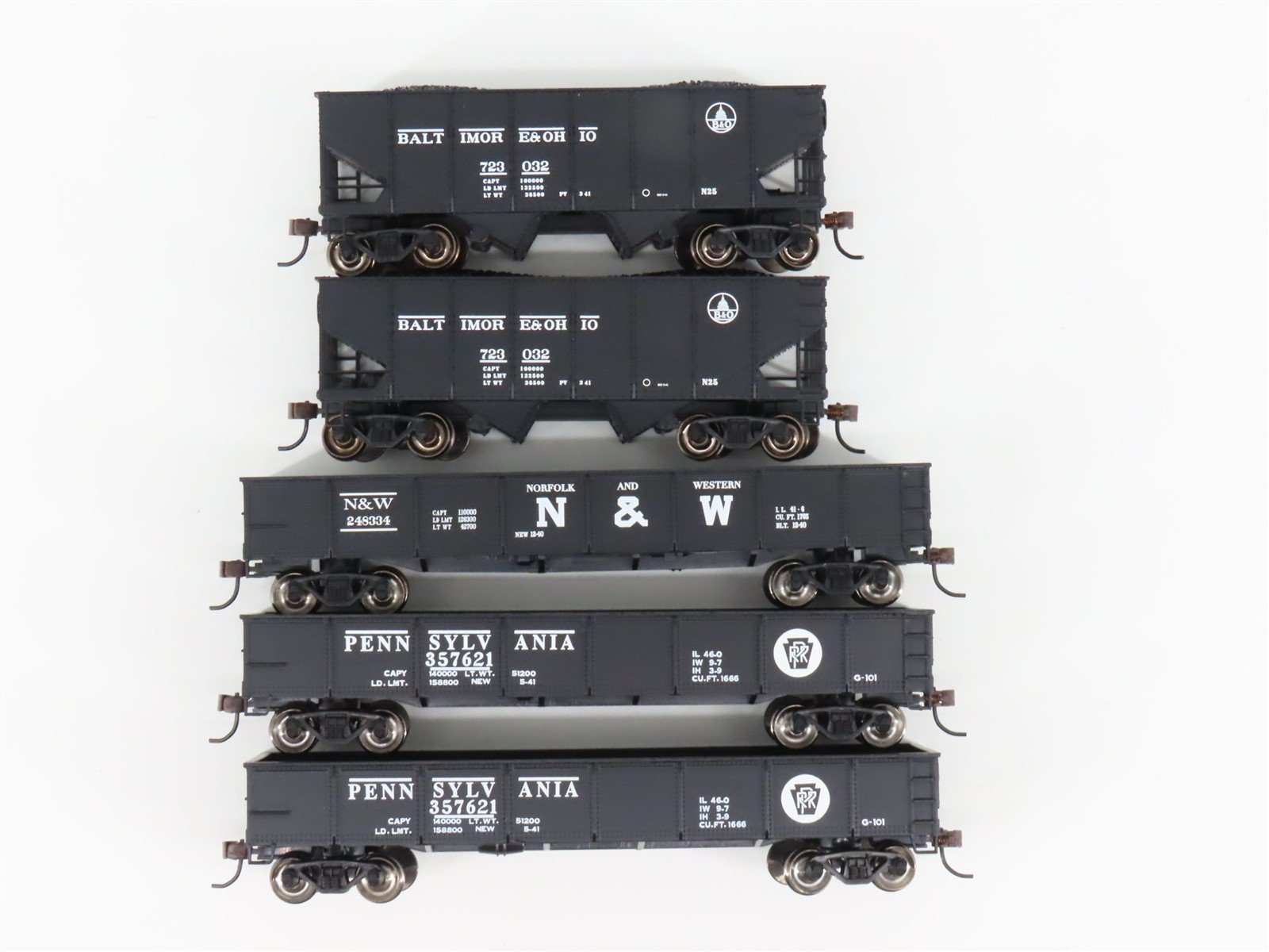 LOT of 5 HO Scale Bachmann Silver Series B&O/PRR/N&W 2-Bay Hoppers & Gondolas