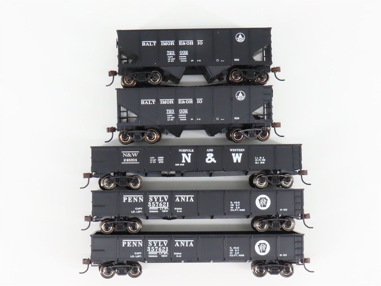 LOT of 5 HO Scale Bachmann Silver Series B&O/PRR/N&W 2-Bay Hoppers & Gondolas