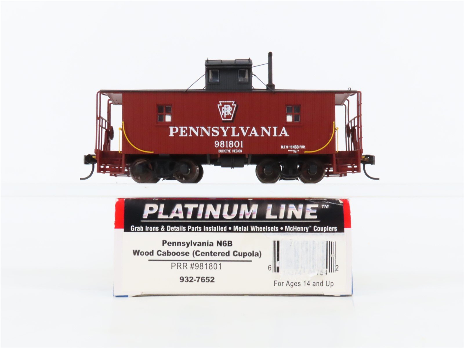 HO Walthers Platinum 932-7652 PRR Pennsylvania N6B Center Cupola Caboose #981801