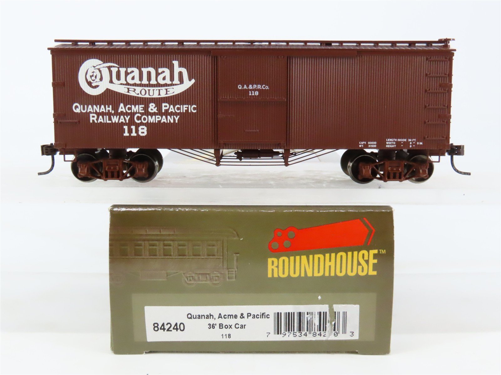 HO Scale Roundhouse 84240 QA&PRCo Quanah Route 36' Wood Box Car #118