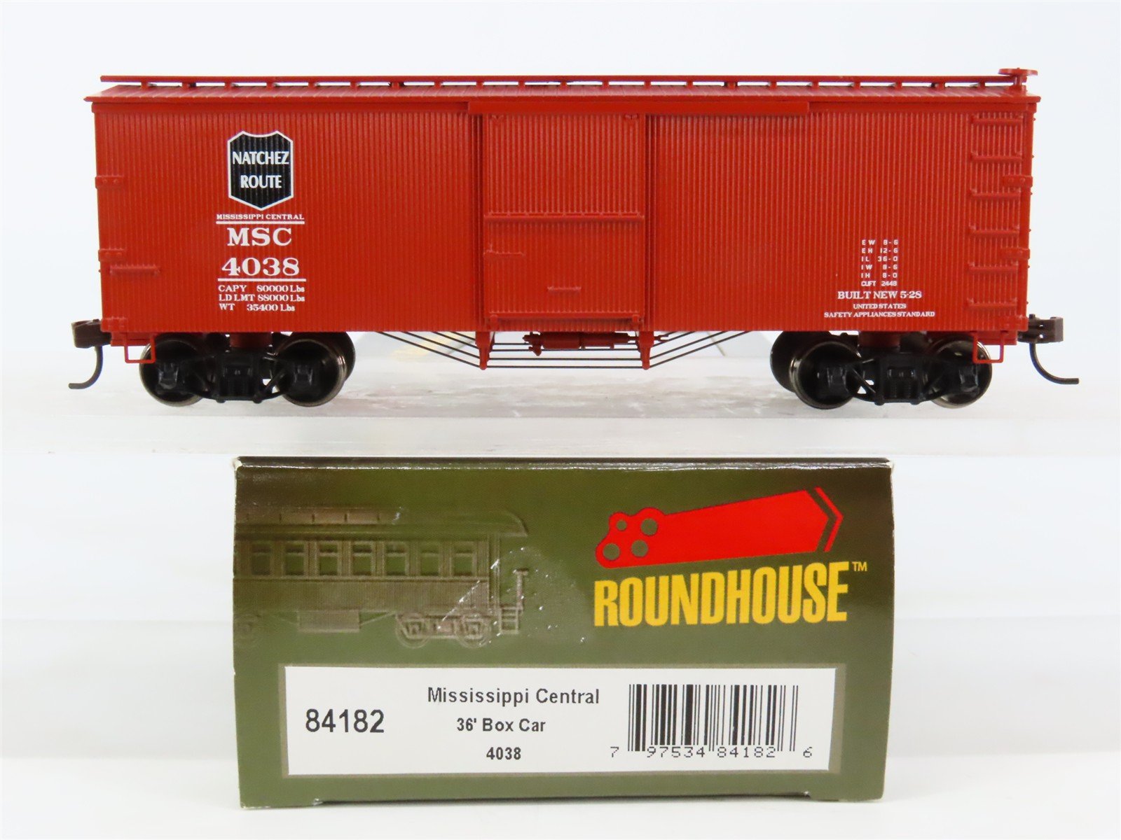 HO Scale Roundhouse 84182 MSC Mississippi Central 36' Wood Box Car #4038