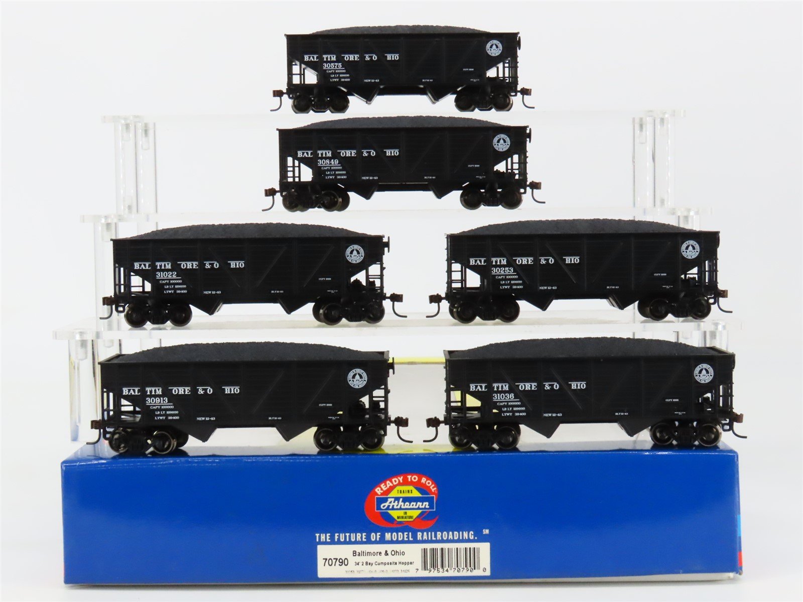 HO Athearn 70790 B&O Baltimore & Ohio 34' 2-Bay Composite Hopper 6-Pack w/ Load