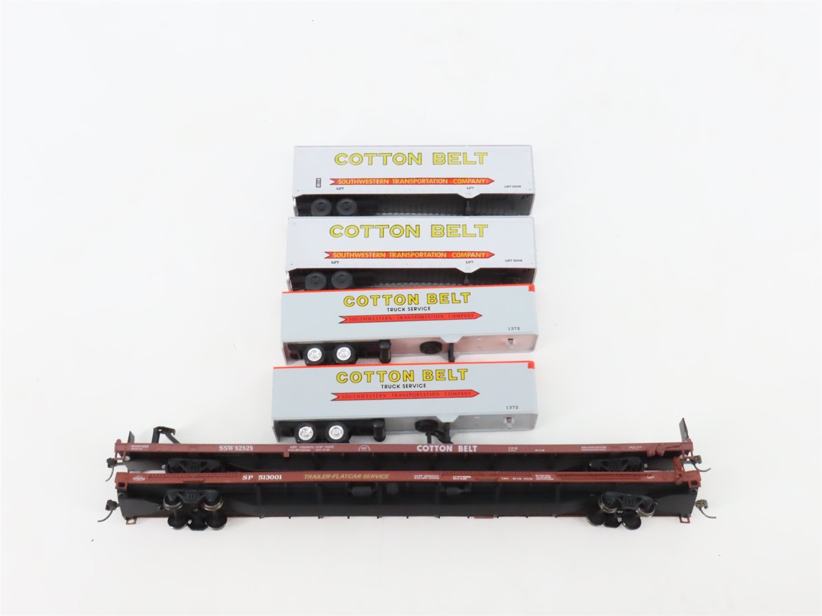 LOT of 2 HO Scale SSW/SP 86' Flatcars w/Cotton Belt Trailers UPGRADED