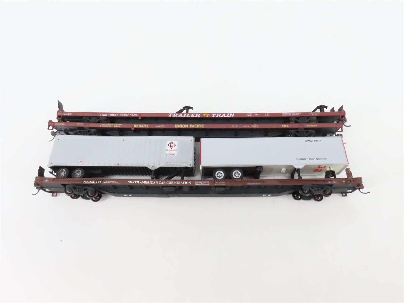LOT of 3 HO Scale TTAX/UP/NAFX 86' Flatcars w/Assorted Trailers UPGRADED