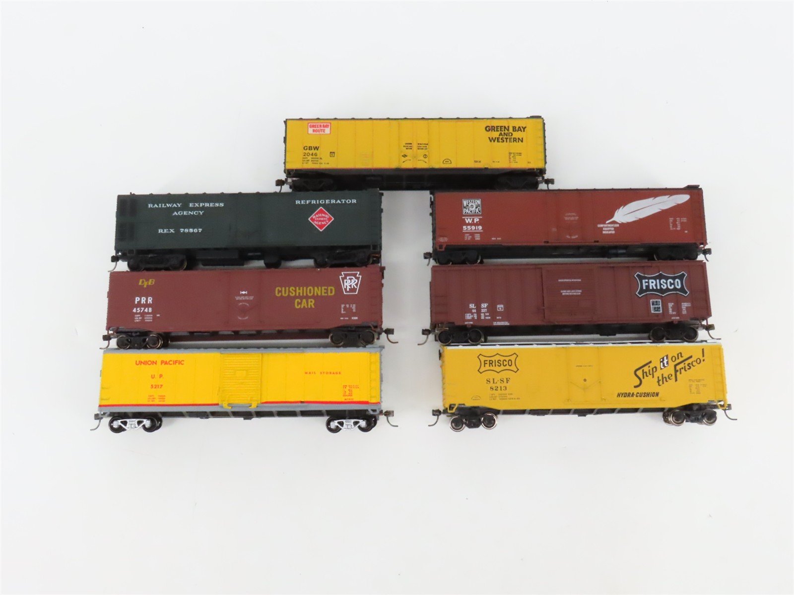 LOT of 7 HO Scale WP/SLSF/REX/PRR/UP/GBW 50' Boxcars UPGRADED