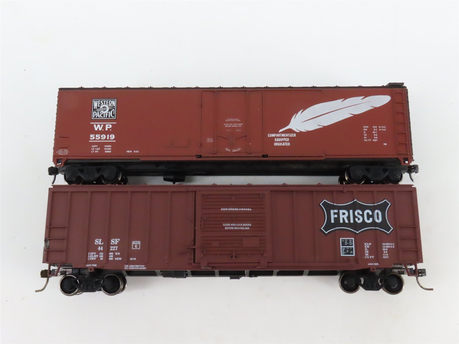 LOT of 7 HO Scale WP/SLSF/REX/PRR/UP/GBW 50' Boxcars UPGRADED