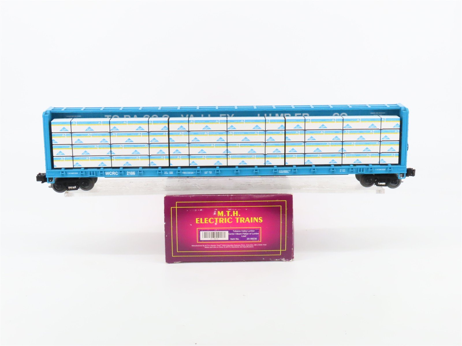 O 3-Rail MTH 20-98230 WCRC Tobacco Valley 72' Centerbeam Flat Car #2106 w/ Load