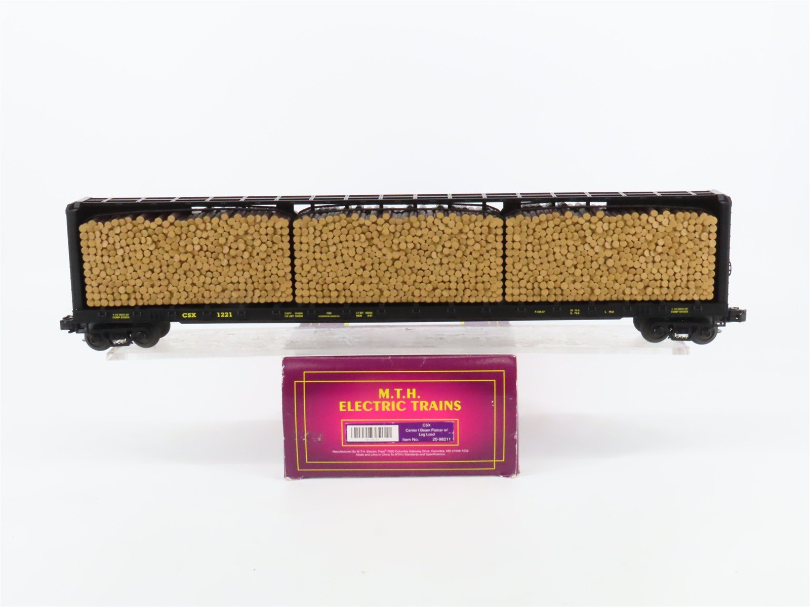 O Gauge 3-Rail MTH 20-98211 CSX 72' Centerbeam Flat Car #1221 w/ Log Load