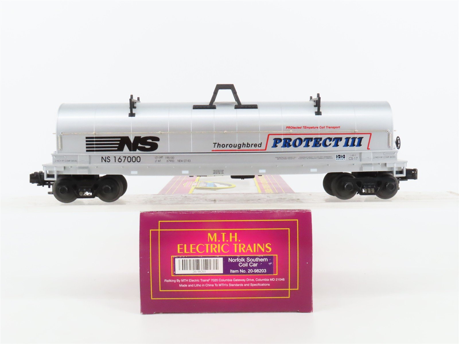 O Gauge 3-Rail MTH 20-98203 NS Thoroughbred Protect III Coil Car #167000 w/ Load
