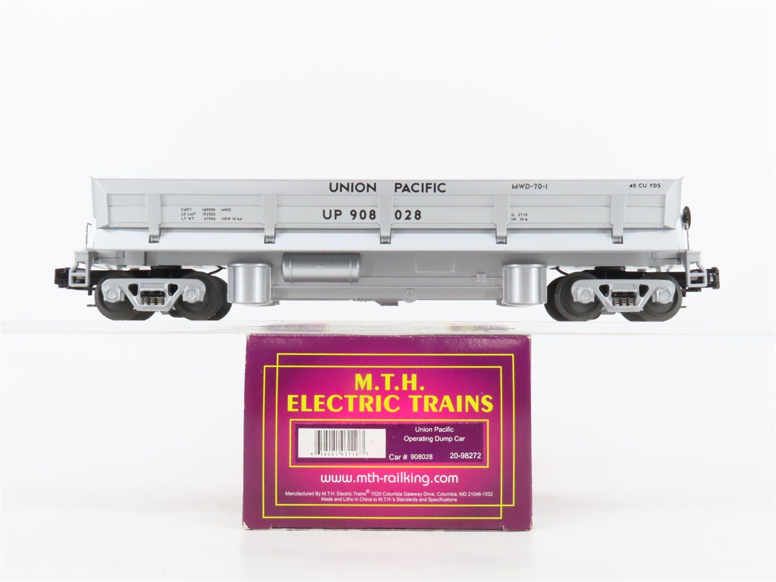 O Gauge 3-Rail MTH 20-98272 UP Union Pacific Operating Dump Car #908028