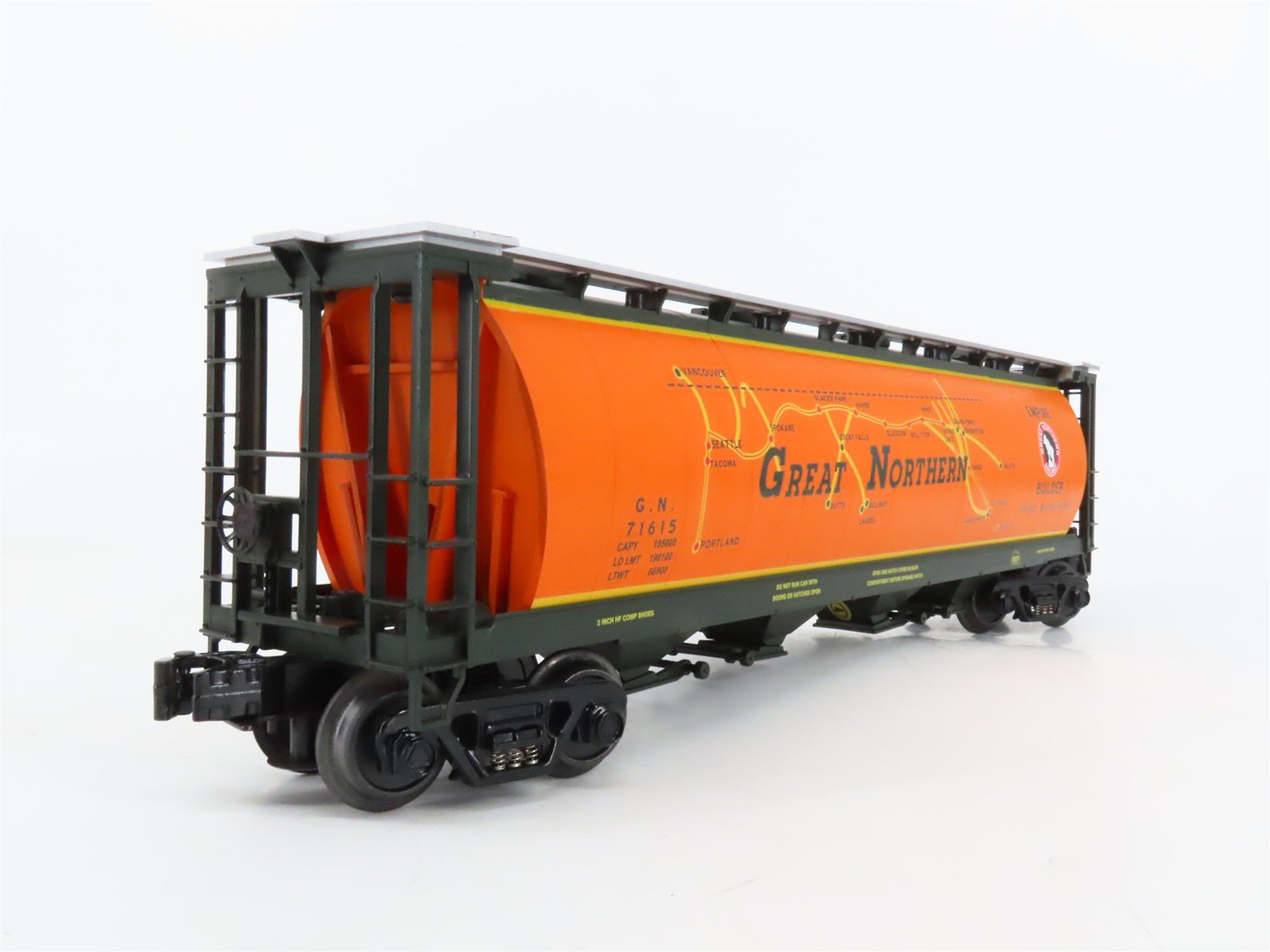 O27 Gauge 3-Rail MTH RailKing 30-75176 GN Empire 4-Bay Cylindrical Hopper #71615