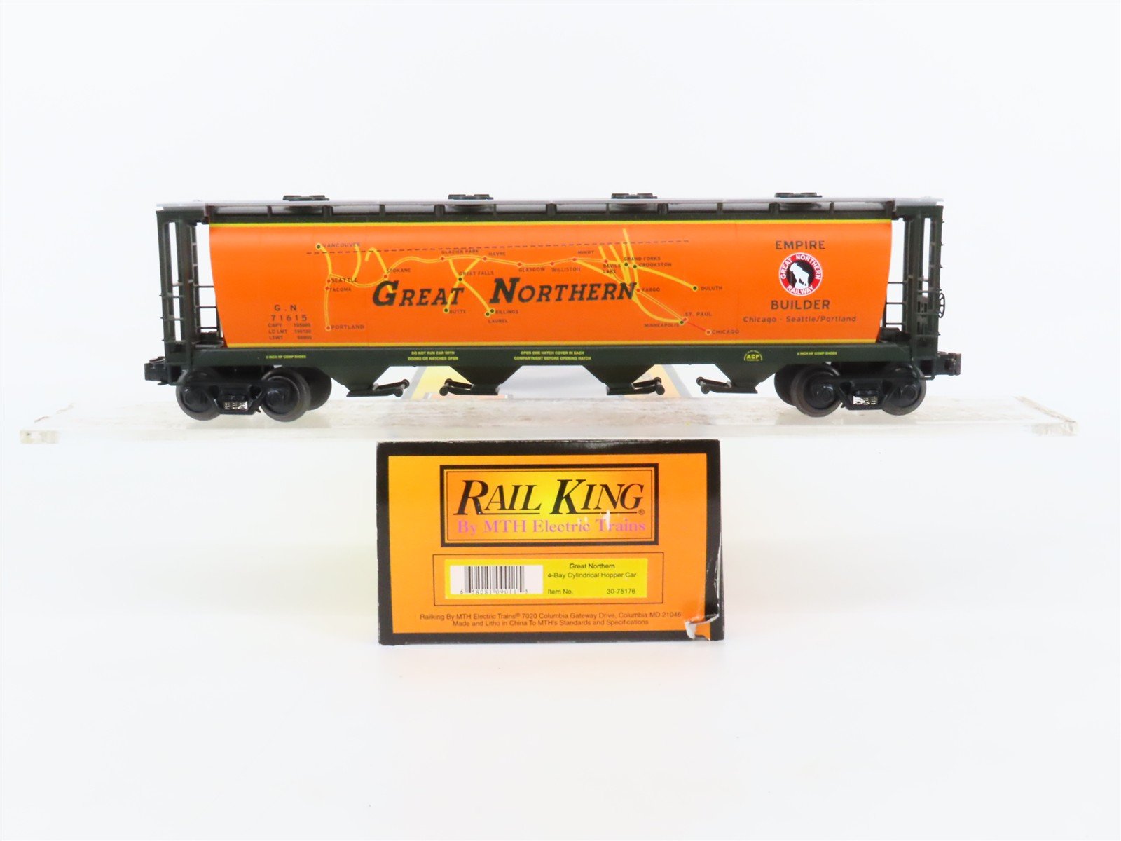 O27 Gauge 3-Rail MTH RailKing 30-75176 GN Empire 4-Bay Cylindrical Hopper #71615