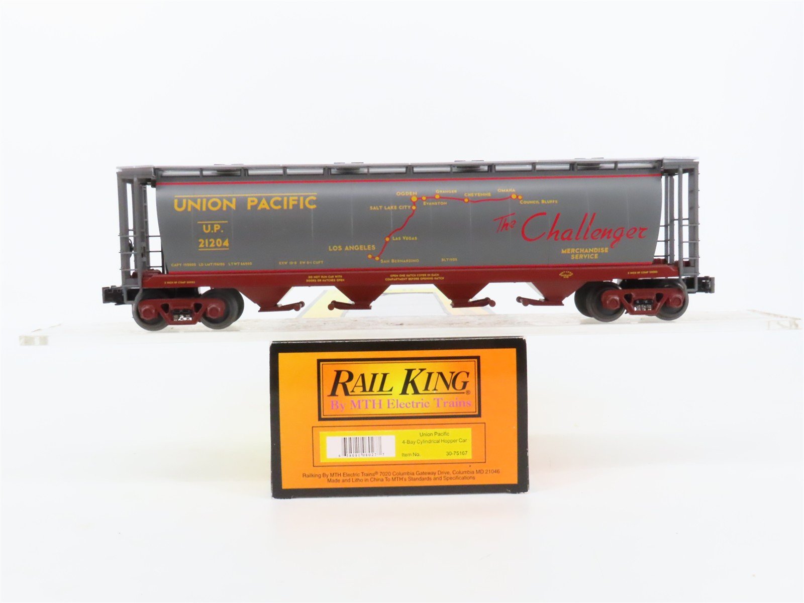 O27 3-Rail MTH RailKing 30-75167 UP "Challenger" 4-Bay Cylindrical Hopper #21204