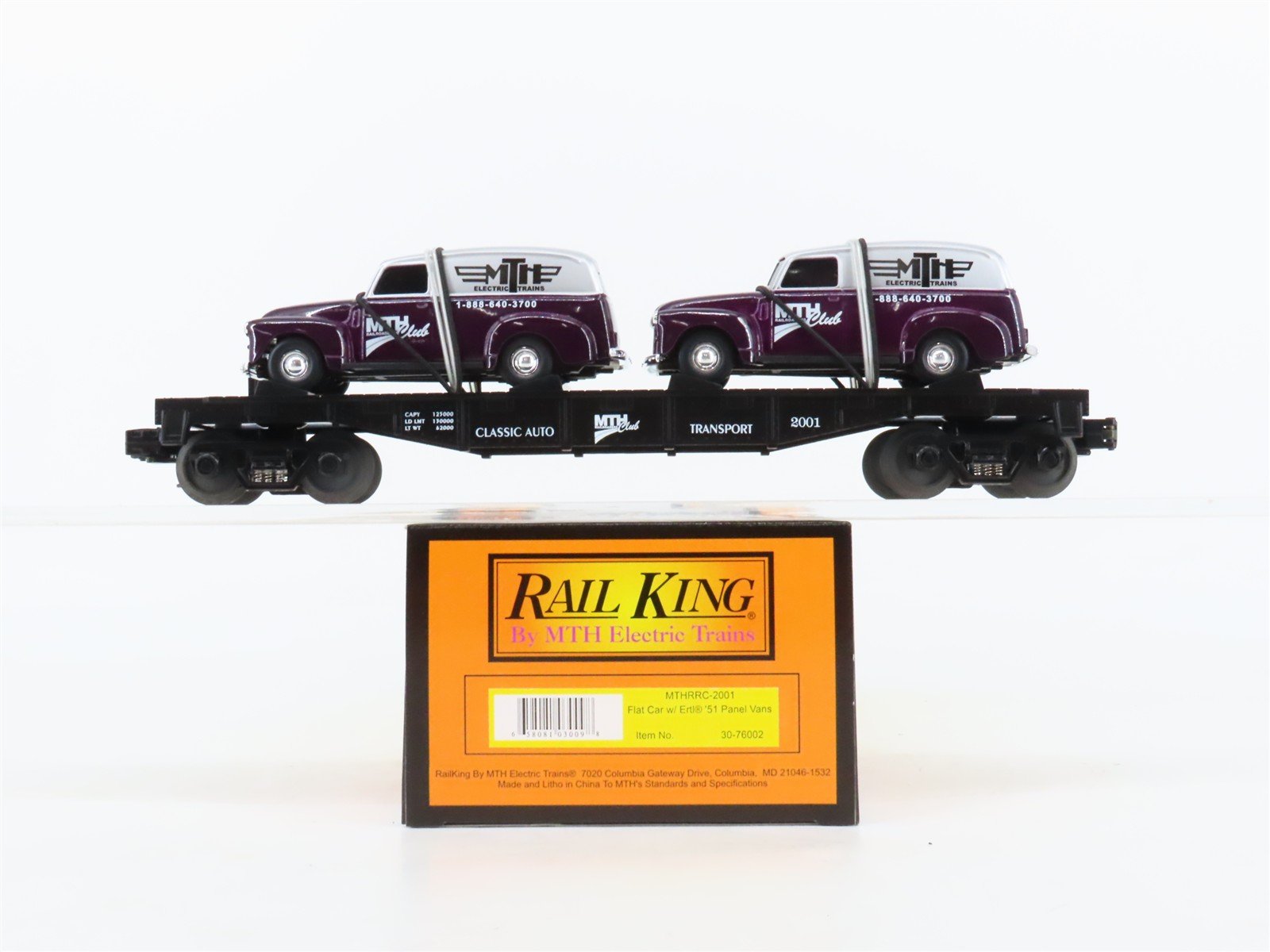 O27 Gauge 3-Rail MTH RailKing 30-76002 Flat Car #2001 w/ Ertl '51 Panel Vans