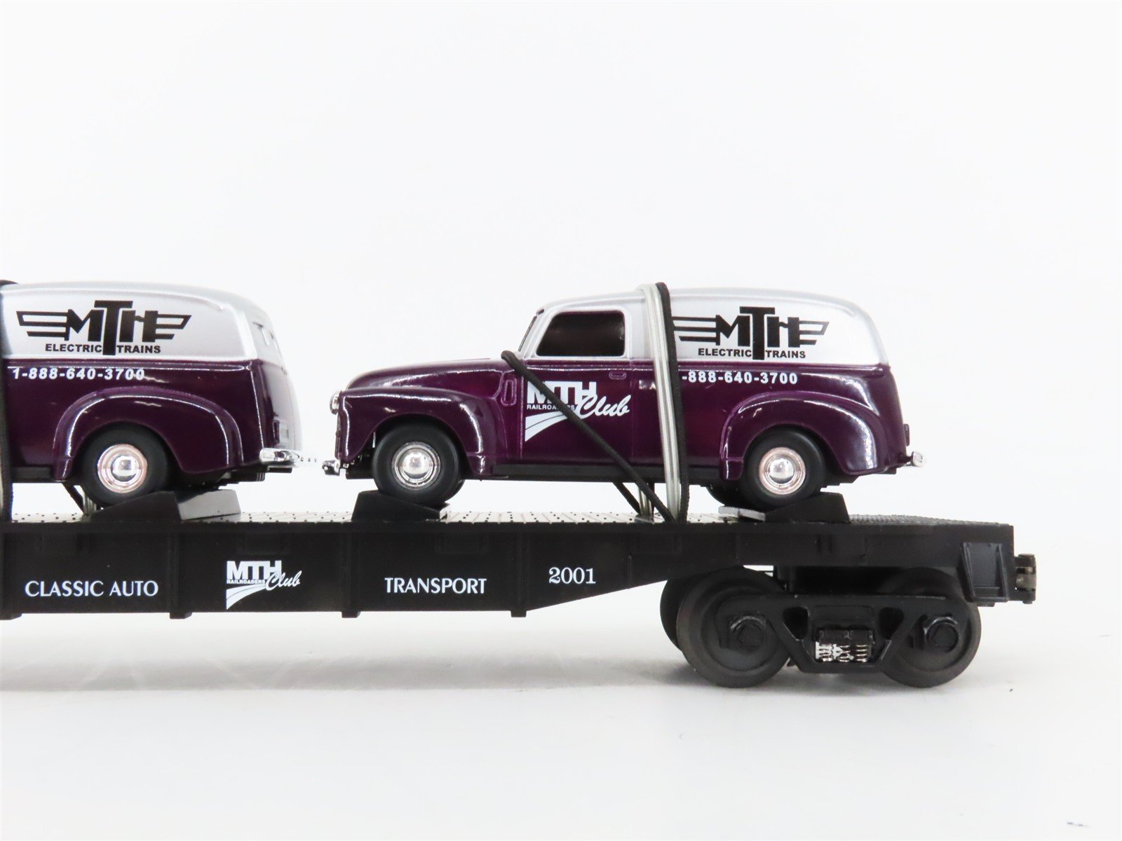 O27 Gauge 3-Rail MTH RailKing 30-76002 Flat Car #2001 w/ Ertl '51 Panel Vans