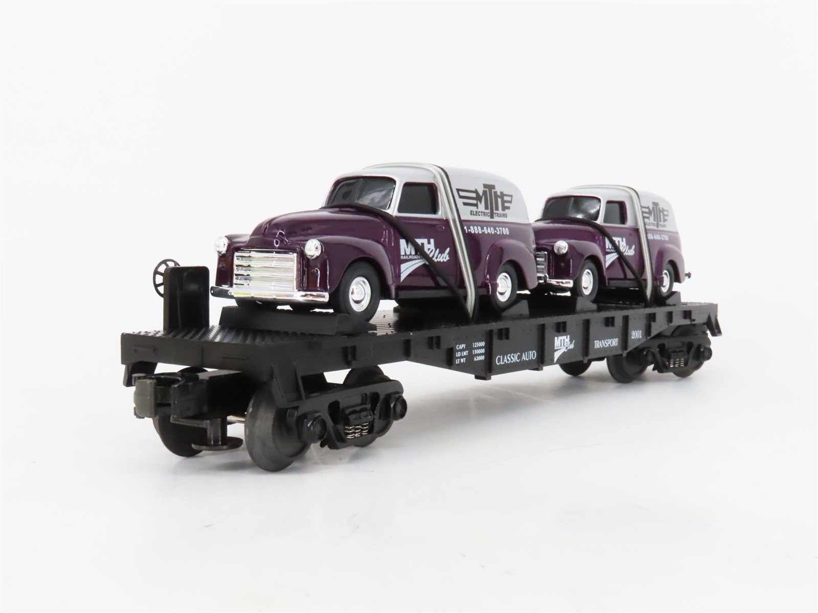 O27 Gauge 3-Rail MTH RailKing 30-76002 Flat Car #2001 w/ Ertl '51 Panel Vans