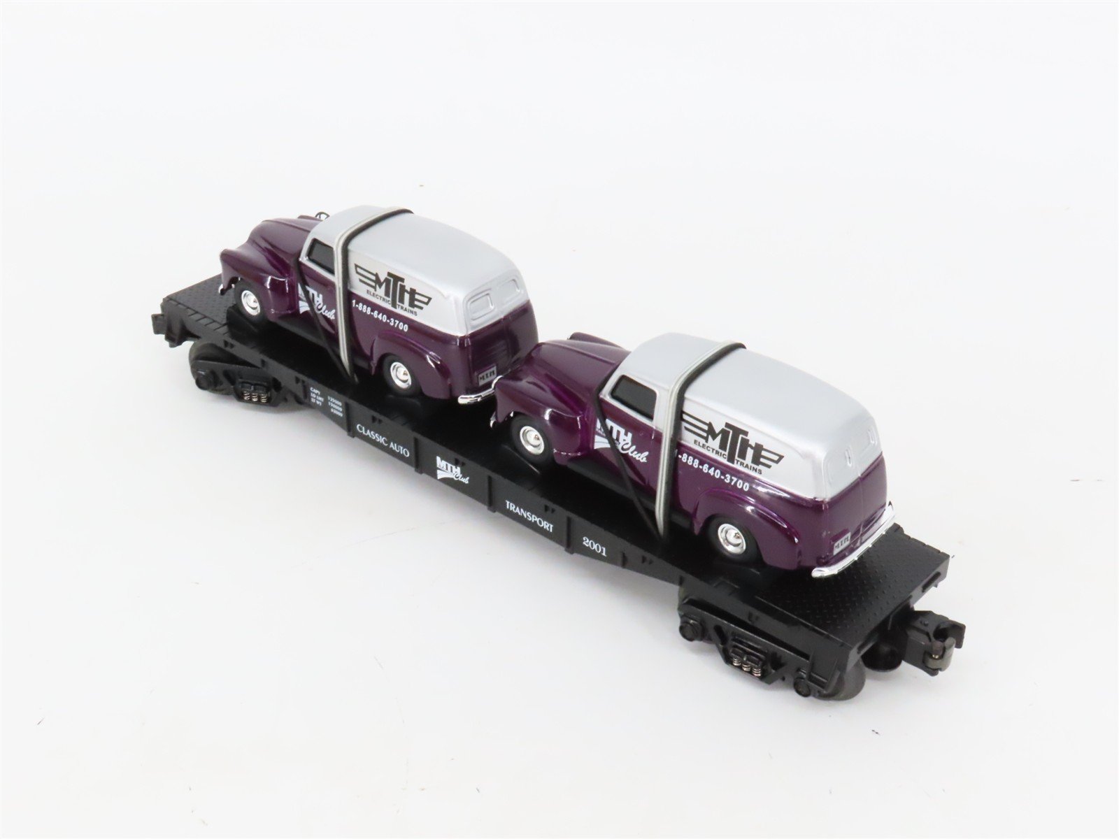 O27 Gauge 3-Rail MTH RailKing 30-76002 Flat Car #2001 w/ Ertl '51 Panel Vans