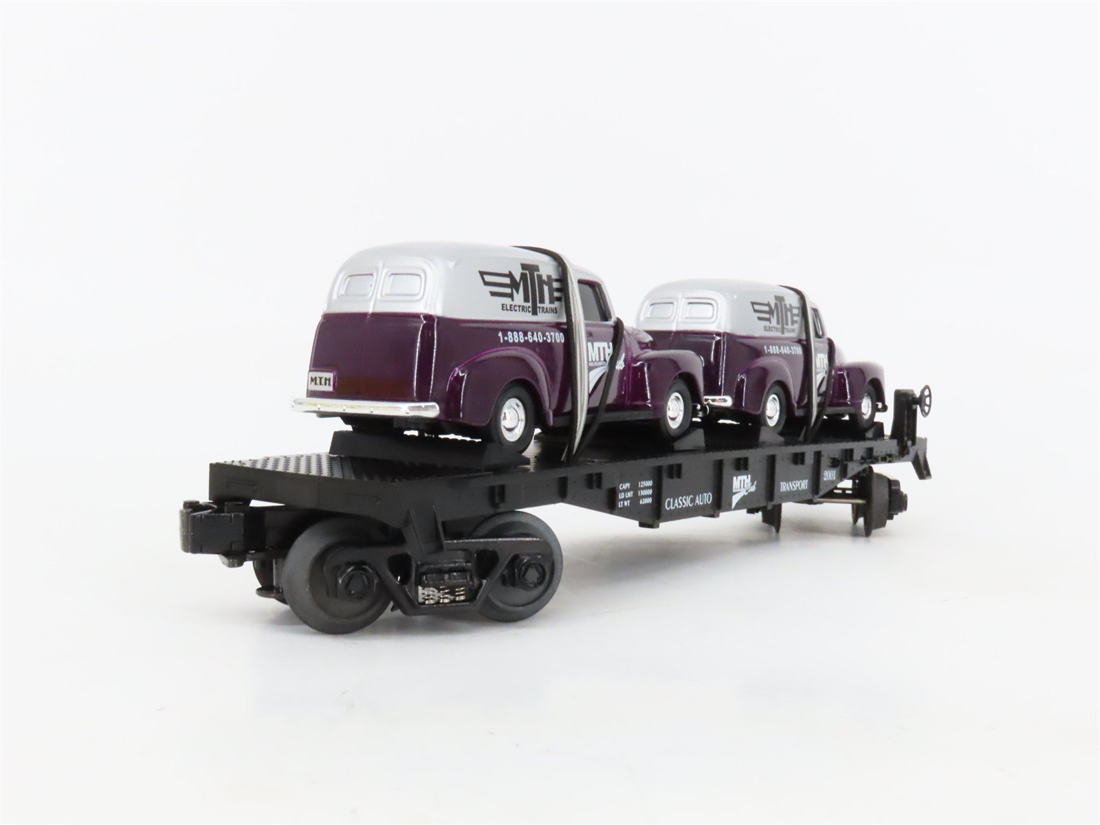O27 Gauge 3-Rail MTH RailKing 30-76002 Flat Car #2001 w/ Ertl '51 Panel Vans