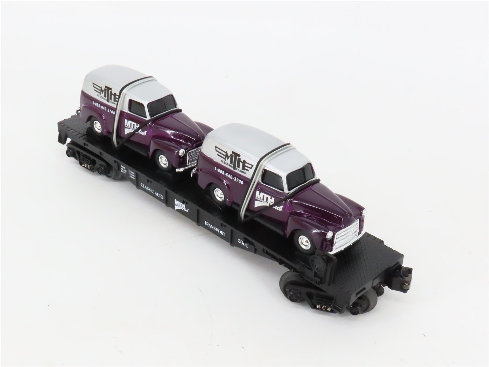O27 Gauge 3-Rail MTH RailKing 30-76002 Flat Car #2001 w/ Ertl '51 Panel Vans