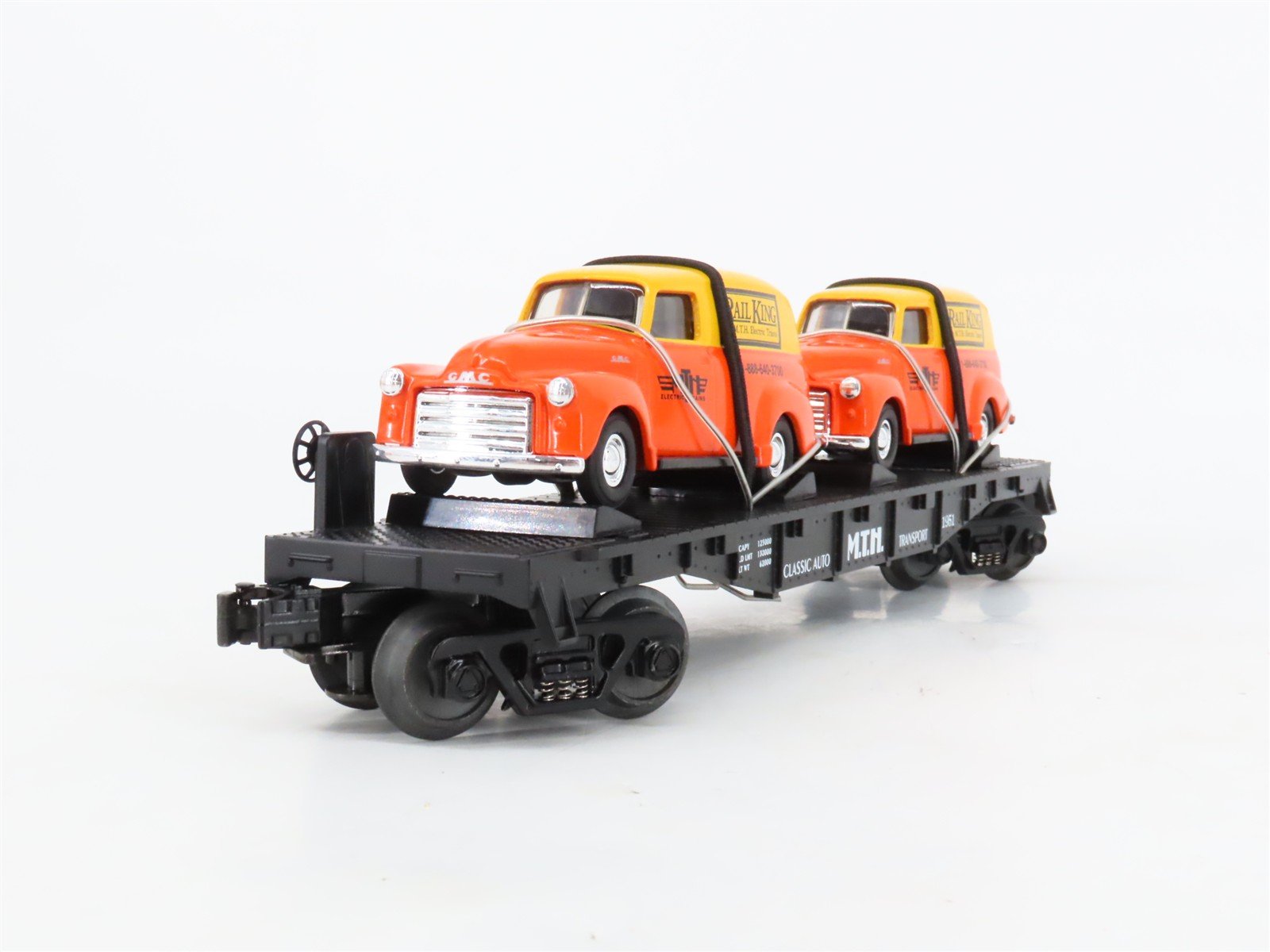 O27 Gauge 3-Rail MTH RailKing 30-7681 Flat Car #1951 w/ Ertl '51 Panel Vans
