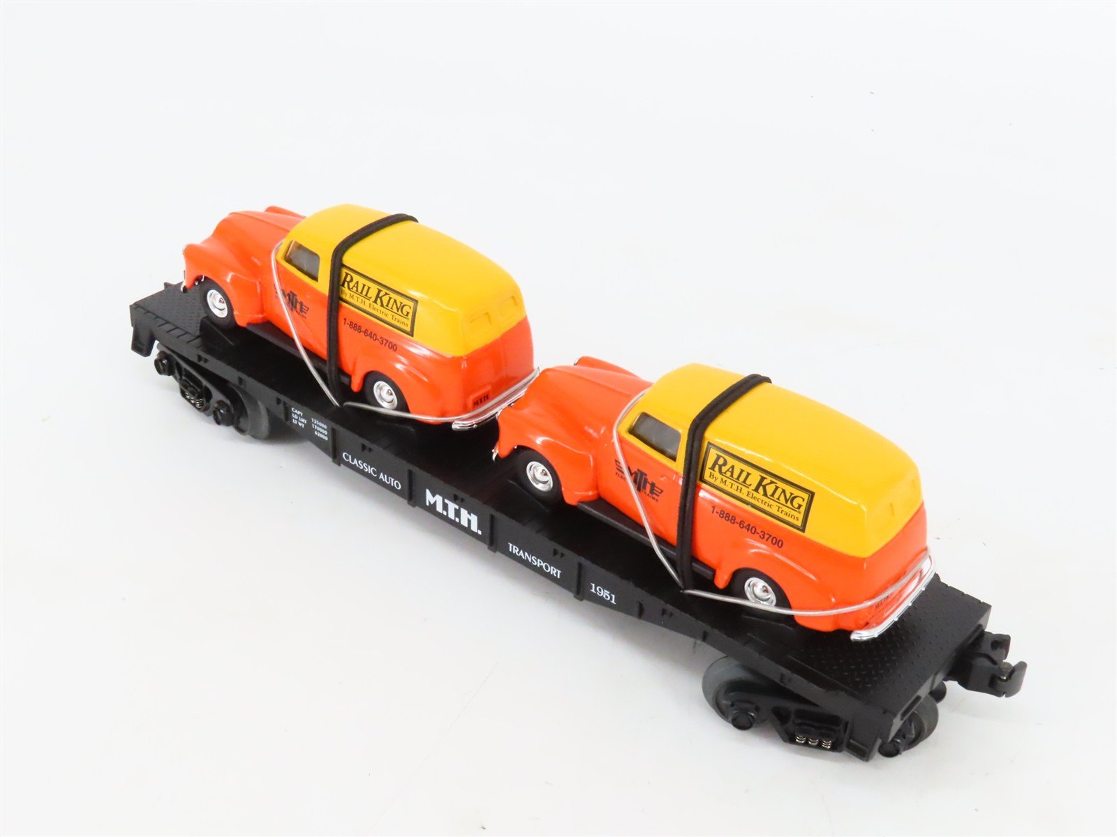 O27 Gauge 3-Rail MTH RailKing 30-7681 Flat Car #1951 w/ Ertl '51 Panel Vans
