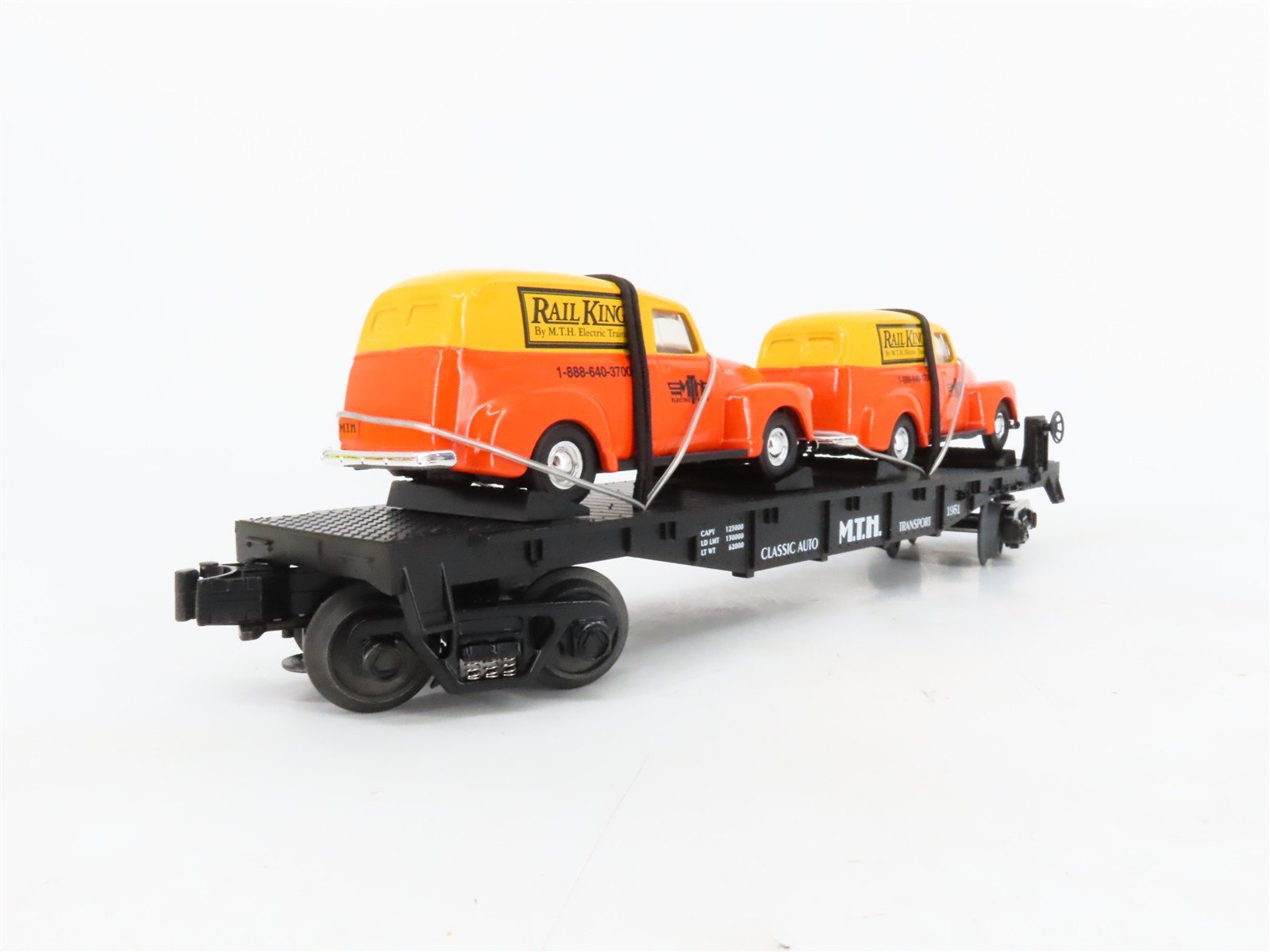 O27 Gauge 3-Rail MTH RailKing 30-7681 Flat Car #1951 w/ Ertl '51 Panel Vans