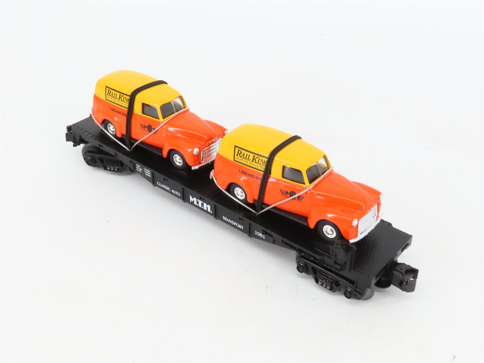 O27 Gauge 3-Rail MTH RailKing 30-7681 Flat Car #1951 w/ Ertl '51 Panel Vans