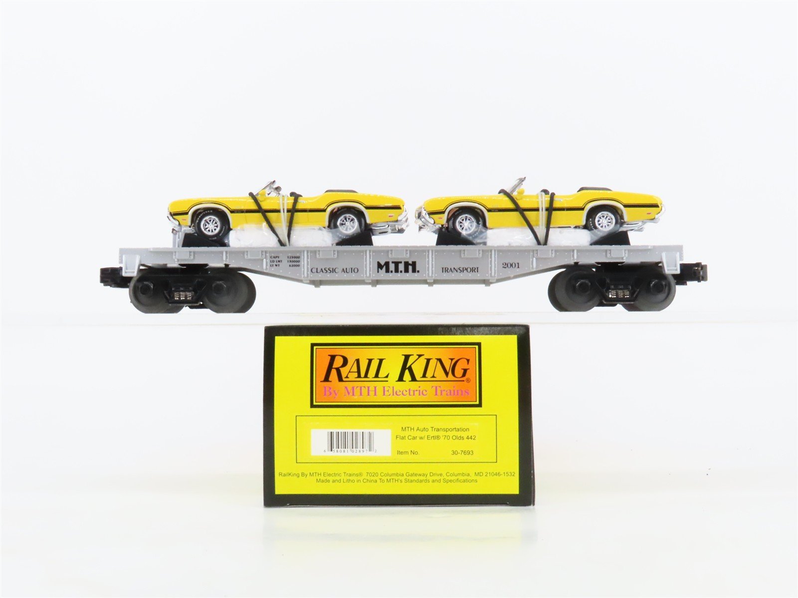 O27 Gauge 3-Rail MTH RailKing 30-7693 Flat Car #2001 w/Ertl '70 Oldsmobile 442's