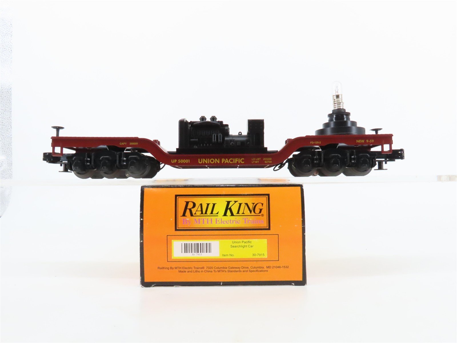 O27 3-Rail MTH RailKing 30-7915 UP Depressed Center Searchlight Flat Car #50001