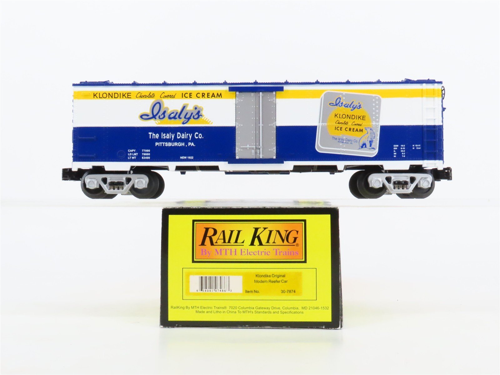 O27 Gauge 3-Rail MTH RailKing 30-7874 Isaly's Klondike Bar Modern Reefer No#