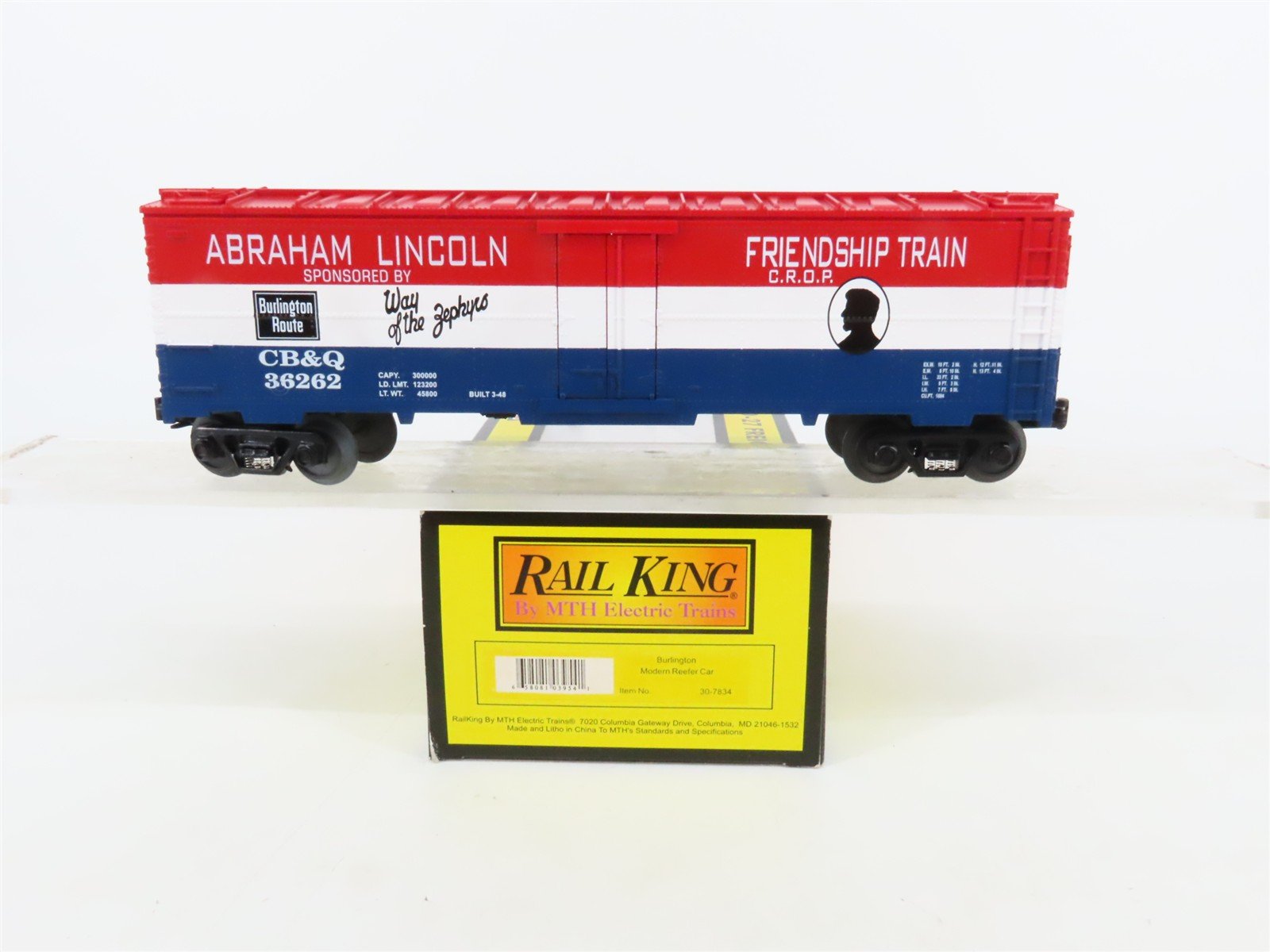 O27 3-Rail MTH RailKing 30-7834 CB&Q Abraham Lincoln Friendship Train Reefer