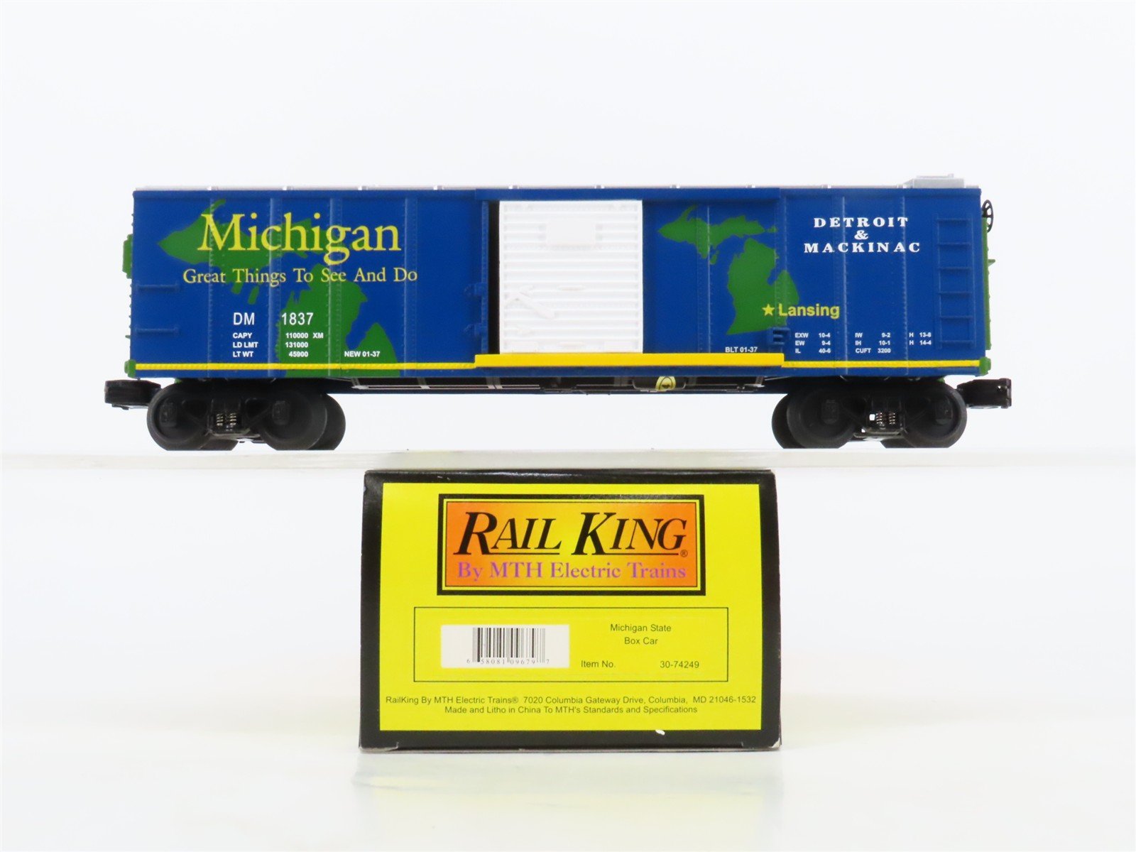 O27 Gauge 3-Rail MTH RailKing 30-74249 DM Detroit & Mackinac 40' Box Car #1837