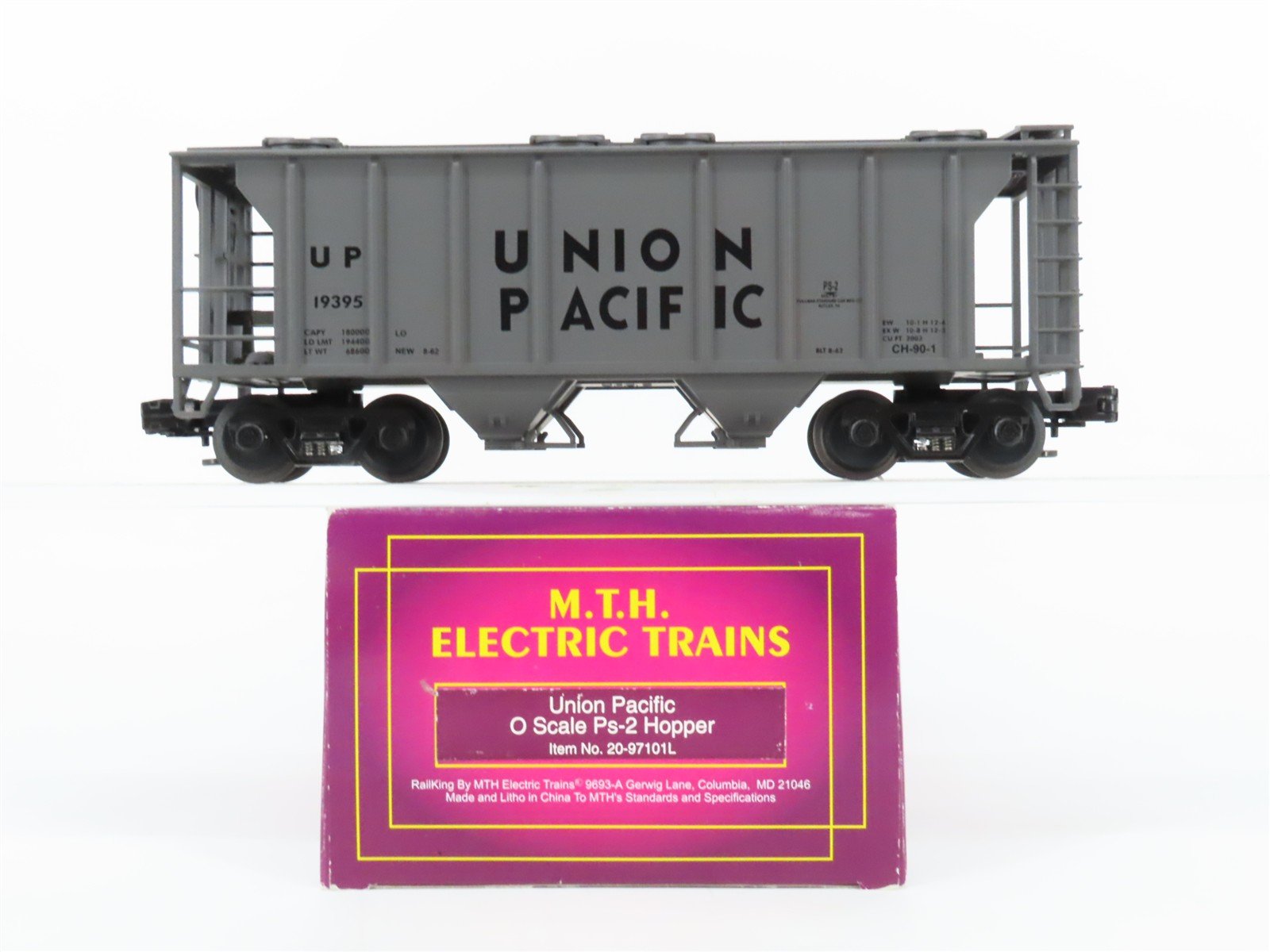 O Gauge 3-Rail MTH 20-97101L UP Union Pacific 2-Bay Covered Hopper #19395